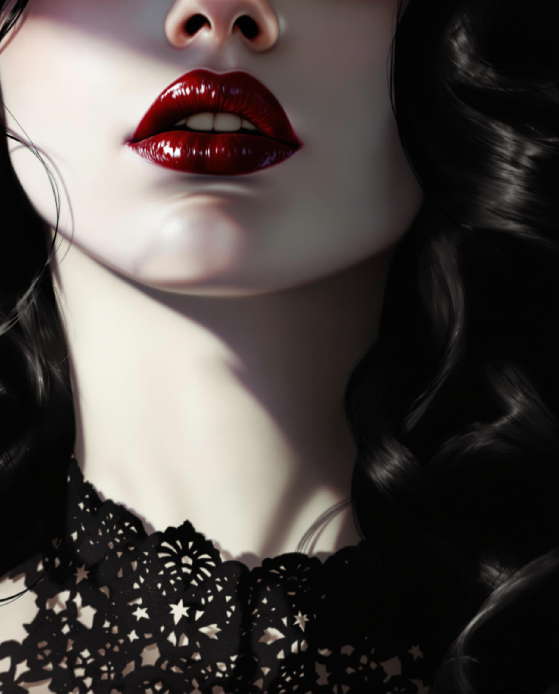A closeup digital painting of a realistic female face and upper neck, showcasing intricate details with a highly stylized approach, dramatic contrasts, and a three-dimensional, lifelike rendering. The artwork, crafted in digital painting software, features smooth color blending, muted tones of black, white, and gray, accented by deep red lips and subtle purple eyeshadow, creating a gothic, sophisticated mood. Expertly rendered lighting and shadows highlight the subject's voluminous dark hair, elegant black lace collar, and a cigarette in her mouth, with an interplay of light and mystery.