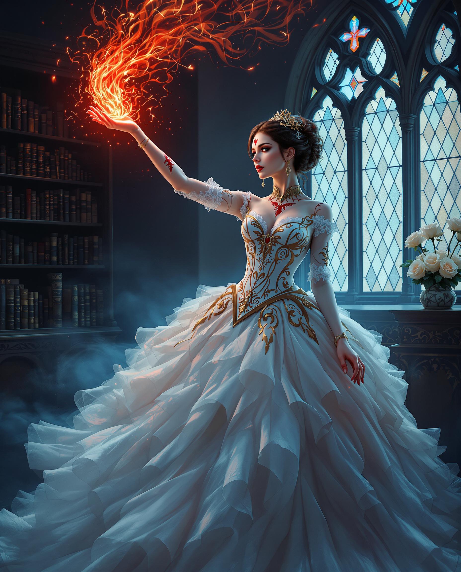 This image is a realistic photo (photograph) of a female real person digital artwork that captures a figure in a richly detailed and stylized setting. The art style is reminiscent of fantasy or gothic genres, with a strong emphasis on the dramatic interplay of light and shadow, and a romantic, almost otherworldly atmosphere.The medium appears to be a high resolution digital painting, given the smooth gradients and the lack of texture that one might expect from traditional mediums like oil or watercolor. The colors are vibrant and saturated, with a cool palette dominated by blues and grays, punctuated by warm reds and oranges. This contrast creates a striking visual impact and adds to the atmospheric quality of the scene. The figure in the image is dressed in an elaborate gown that seems to be inspired by historical or fantasy fashion. The dress is predominantly white with gold and red detailing, and it features a high neckline and long lace sleeves. The gown has a fitted bodice with intricate patterns and embellishments, and it flares out into a voluminous skirt that resembles a cloud or a cascade of feathers. The skirts texture is soft and ethereal, with a gentle gradient from white to a deeper blue at the hem, which adds depth to the image.The figures left arm is raised, and there is a red, fiery substance emanating from the palm of the hand, which suggests a magical or supernatural ability. The arm is adorned with a red tattoo or mark that resembles a bird or a mythical creature, adding to the fantasy element of the image.The background of the image is richly detailed and evocative of a bygone era. There is a dark, ornate wooden bookshelf filled with books, and a gothic window with pointed arches and stained glass. The window allows natural light to filter into the room, casting dynamic shadows and highlights across the scene. On the windowsill, there is a vase with white roses, which contrasts with the fiery element in the foreground and adds a touch of purity to the composition.Overall, the image is a visually compelling piece that combines elements of fantasy, gothic, and romantic styles, creating a mood of mystery and enchantment. The attention to detail in the figures attire and the surrounding environment, along with the skillful use of color and light, contribute to the artworks immersive and captivating quality.