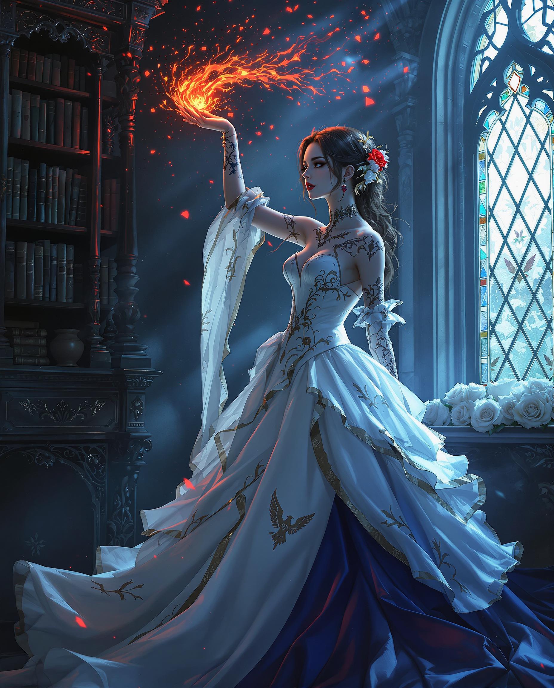 A stunning high-resolution digital painting of a female figure in a fantasy-gothic setting, captured with photorealistic detail and a dramatic interplay of light and shadow. She wears an elaborate white gown with gold and red accents, featuring intricate lace sleeves and a voluminous skirt that fades from white to deep blue, standing before a dark, ornate bookshelf and a gothic stained-glass window casting ethereal light. Her raised left arm emits a fiery red substance, complemented by a bird-like tattoo, while white roses on the windowsill add a touch of purity to the mysterious, romantic atmosphere dominated by cool blues, grays, and vibrant warm reds and oranges.