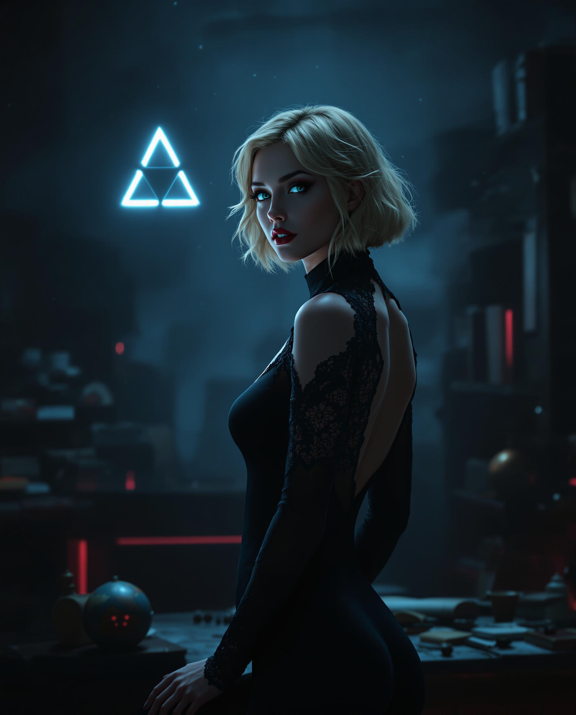 This image is a realistic photo (photograph) of a female real person digital artwork that captures a woman in a dynamic and moody setting. The art style is reminiscent of fantasy or science fiction, with a focus on dramatic lighting and shadow to create a sense of depth and atmosphere.The medium appears to be a high resolution digital painting, utilizing advanced rendering techniques to achieve a realistic yet stylized look. The image has a cinematic quality, with attention to textures and materials that give it a tangible feel.The colors in the image are predominantly cool tones, with shades of blue and black creating a moody and atmospheric effect. There are also touches of warm tones, such as the red accents in the background, which provide contrast and draw the eye.The objects in the image include1. The woman She is the central figure, dressed in a black, formfitting outfit with lace detailing on the sleeves and bodice. The outfit has a high neckline and a low back, revealing her shoulders and upper back. Her hair is styled in a short, wavy blonde bob, and she has a contemplative expression on her face.2. The glowing object Floating in the air to the left of the woman is a luminescent, triangular object with a white outline. It has a Tri force like shape, which is a recognizable symbol from the video game series The Legend of Zelda.3. The background Behind the woman, there is a dimly lit room with various objects scattered on a table, including books, what appears to be a globe, and other small items. The room has a vintage or antique feel, with a sense of history and mystery.4. The lighting The lighting in the image is dramatic, with deep shadows and highlights that give the scene a sense of depth and movement. The light source seems to be coming from above and behind the woman, casting a chiaroscuro effect that emphasizes the contours of her body and the textures of her clothing. Overall, the image conveys a mood of mystery and intrigue, with a blend of fantasy and science fiction elements. The attention to detail in the rendering and the composition of the scene create a compelling and immersive visual experience.