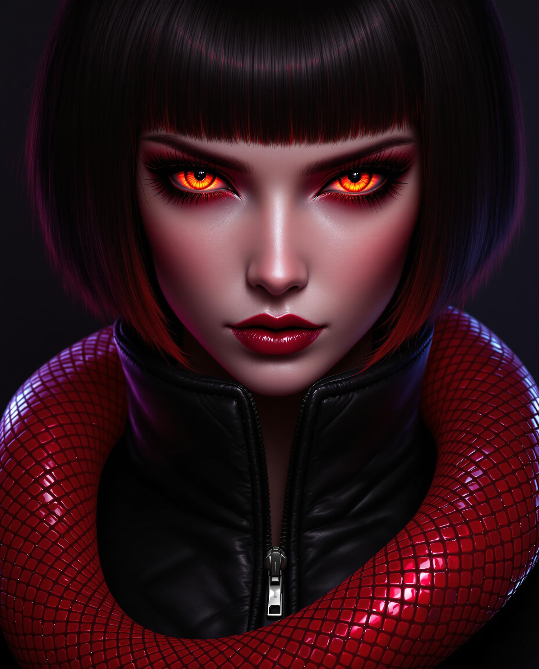 This image is a realistic photo (photograph) of a female real person closeup portrait of a figure with a striking appearance. The figure has short, dark hair with red highlights that give a fiery or glowing effect, especially noticeable at the tips of the hair. The hair is styled in a straight, bob cut and has a smooth texture with a slight sheen, suggesting a glossy finish. The figures eyes are the focal point of the image, with a mesmerizing red hue that is reminiscent of a serpents eyes. The irises are detailed with a pattern that could be interpreted as scales, and the pupils are narrow, giving them a piercing gaze. The eyelashes are long and dark, with a slight curl, and they are adorned with red mascara that matches the eyes, further emphasizing the reptilian theme. Around the neck of the figure, there is a red snake with a glossy, scaled texture. The snake is coiled around the figures neck, and its head is resting on the figures collarbone. The snakes eyes are also red, matching the figures eyes, and it has a menacing yet beautiful presence. The scales on the snake are intricate, with a gradient of red tones that give it depth and realism.  The figure is wearing a black garment with a quilted design, which gives it a textured and rugged appearance. The garment has a high collar that frames the figures neck and shoulders, and there is a zipper detail that runs down the front. The fabric of the garment appears to be leather or a leather like material, given its shiny and slightly rugged texture. The overall art style of the image is digital, with a high level of detail and realism. The lighting in the image is dramatic, with shadows that accentuate the contours of the figure and the snake, and highlights that bring out the textures and colors. The image has a moody and mysterious atmosphere, with a sense of danger and allure. The medium used to create this image is likely to be a digital painting or illustration, given the smooth gradients, seamless blending of colors, and the absence of brush strokes or other traditional painting techniques. The image has a polished and professional finish, with attention to detail and a high level of skill in its creation.