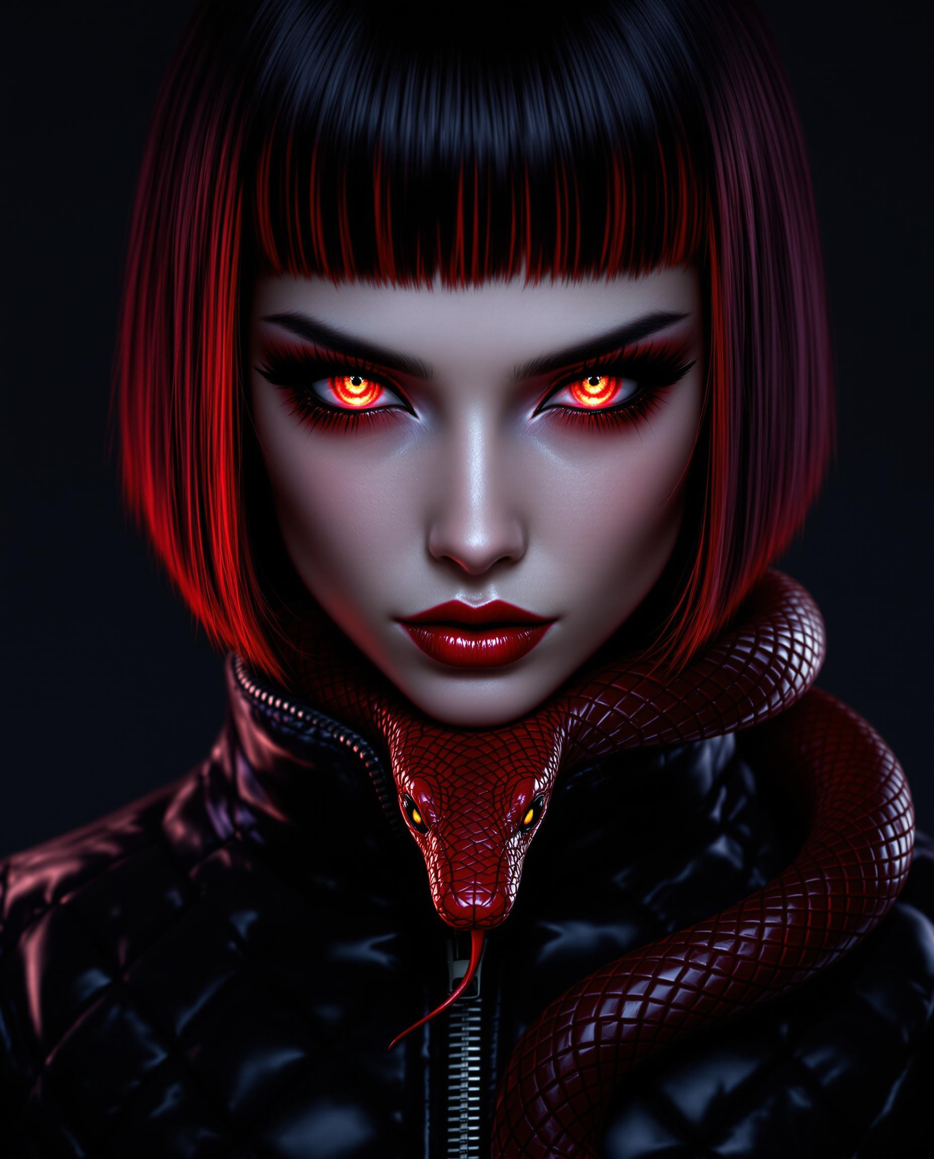 This image is a realistic photo (photograph) of a female real person closeup portrait of a figure with a striking appearance. The figure has short, dark hair with red highlights that give a fiery or glowing effect, especially noticeable at the tips of the hair. The hair is styled in a straight, bob cut and has a smooth texture with a slight sheen, suggesting a glossy finish. The figures eyes are the focal point of the image, with a mesmerizing red hue that is reminiscent of a serpents eyes. The irises are detailed with a pattern that could be interpreted as scales, and the pupils are narrow, giving them a piercing gaze. The eyelashes are long and dark, with a slight curl, and they are adorned with red mascara that matches the eyes, further emphasizing the reptilian theme. Around the neck of the figure, there is a red snake with a glossy, scaled texture. The snake is coiled around the figures neck, and its head is resting on the figures collarbone. The snakes eyes are also red, matching the figures eyes, and it has a menacing yet beautiful presence. The scales on the snake are intricate, with a gradient of red tones that give it depth and realism.  The figure is wearing a black garment with a quilted design, which gives it a textured and rugged appearance. The garment has a high collar that frames the figures neck and shoulders, and there is a zipper detail that runs down the front. The fabric of the garment appears to be leather or a leather like material, given its shiny and slightly rugged texture. The overall art style of the image is digital, with a high level of detail and realism. The lighting in the image is dramatic, with shadows that accentuate the contours of the figure and the snake, and highlights that bring out the textures and colors. The image has a moody and mysterious atmosphere, with a sense of danger and allure. The medium used to create this image is likely to be a digital painting or illustration, given the smooth gradients, seamless blending of colors, and the absence of brush strokes or other traditional painting techniques. The image has a polished and professional finish, with attention to detail and a high level of skill in its creation.