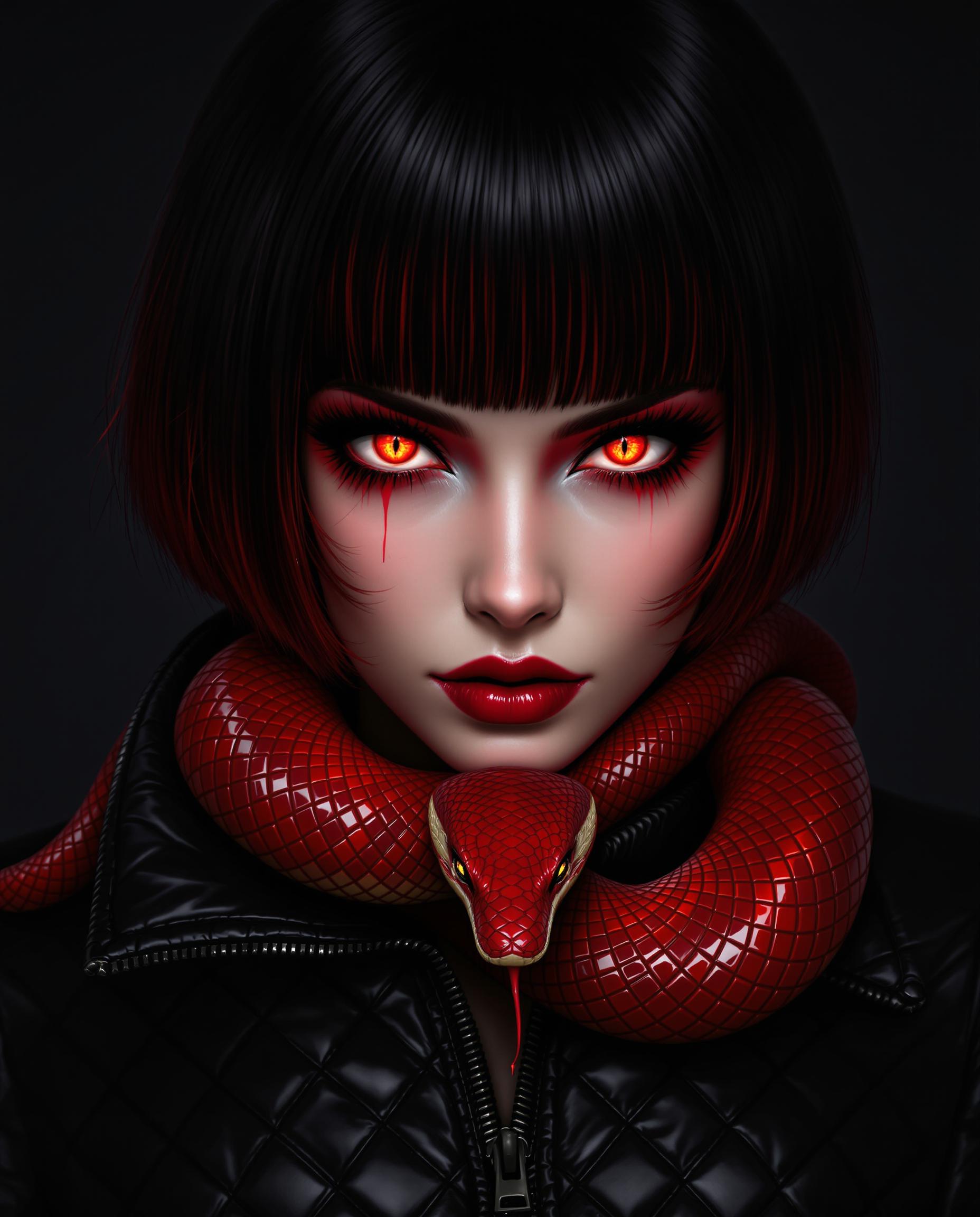 This image is a realistic photo (photograph) of a female real person closeup portrait of a figure with a striking appearance. The figure has short, dark hair with red highlights that give a fiery or glowing effect, especially noticeable at the tips of the hair. The hair is styled in a straight, bob cut and has a smooth texture with a slight sheen, suggesting a glossy finish. The figures eyes are the focal point of the image, with a mesmerizing red hue that is reminiscent of a serpents eyes. The irises are detailed with a pattern that could be interpreted as scales, and the pupils are narrow, giving them a piercing gaze. The eyelashes are long and dark, with a slight curl, and they are adorned with red mascara that matches the eyes, further emphasizing the reptilian theme. Around the neck of the figure, there is a red snake with a glossy, scaled texture. The snake is coiled around the figures neck, and its head is resting on the figures collarbone. The snakes eyes are also red, matching the figures eyes, and it has a menacing yet beautiful presence. The scales on the snake are intricate, with a gradient of red tones that give it depth and realism.  The figure is wearing a black garment with a quilted design, which gives it a textured and rugged appearance. The garment has a high collar that frames the figures neck and shoulders, and there is a zipper detail that runs down the front. The fabric of the garment appears to be leather or a leather like material, given its shiny and slightly rugged texture. The overall art style of the image is digital, with a high level of detail and realism. The lighting in the image is dramatic, with shadows that accentuate the contours of the figure and the snake, and highlights that bring out the textures and colors. The image has a moody and mysterious atmosphere, with a sense of danger and allure. The medium used to create this image is likely to be a digital painting or illustration, given the smooth gradients, seamless blending of colors, and the absence of brush strokes or other traditional painting techniques. The image has a polished and professional finish, with attention to detail and a high level of skill in its creation.