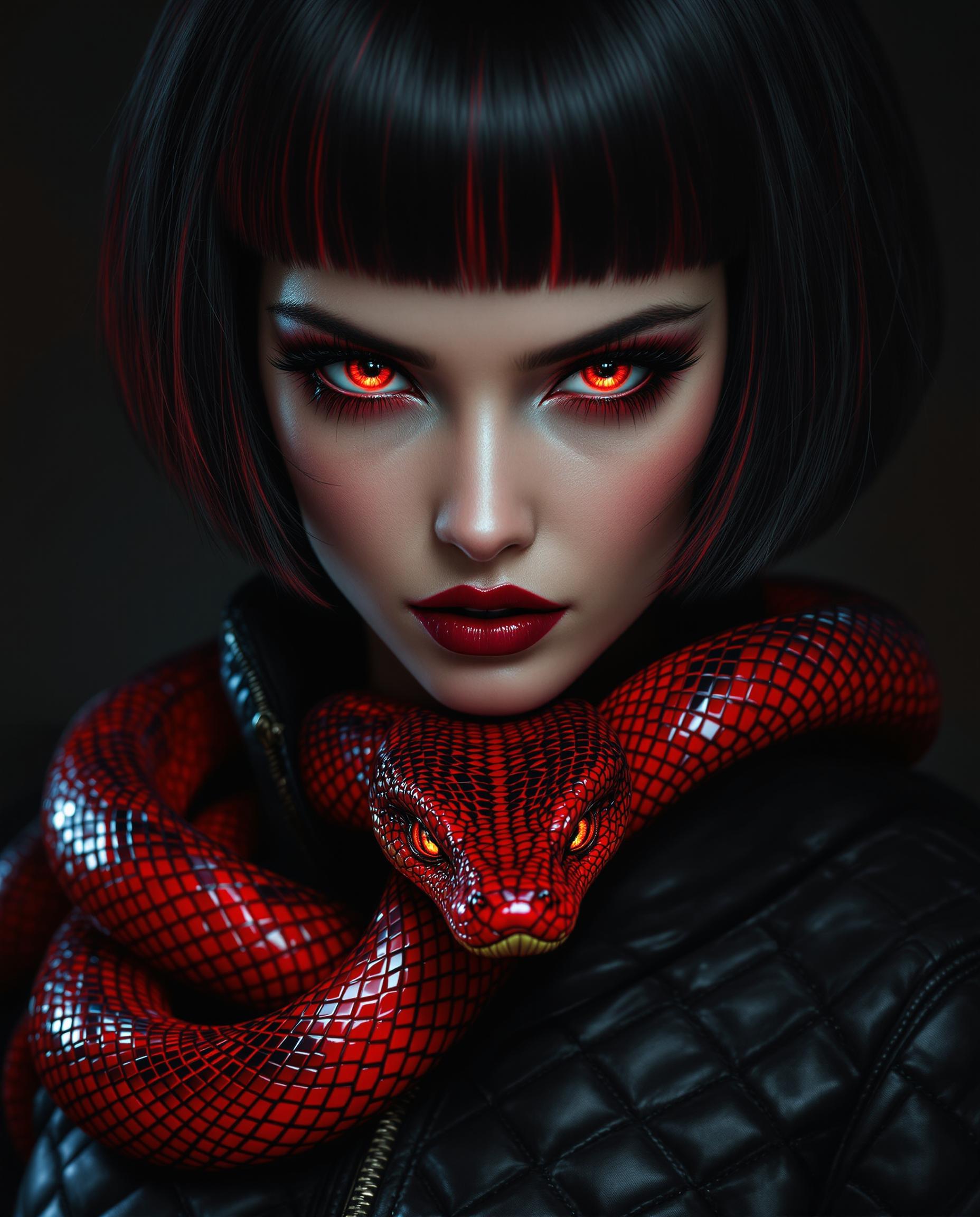 This is a hyper-realistic digital portrait of a striking female figure with a close-up focus on her intense features, captured as if taken with a DSLR camera using a 50mm lens for a shallow depth of field. Her short, dark bob-cut hair gleams with a glossy sheen, fiery red highlights glowing at the tips, while her mesmerizing red eyes, detailed with scale-like irises and narrow pupils, pierce with a serpentine gaze framed by long, curled lashes with matching red mascara. A glossy red snake with intricate, gradient-toned scales coils around her neck, its menacing yet beautiful head resting on her collarbone, sharing the same haunting red eyes, set against dramatic lighting with deep shadows and vivid highlights that enhance the moody, dangerous allure of her black, quilted leather garment with a high collar and zipper detail.