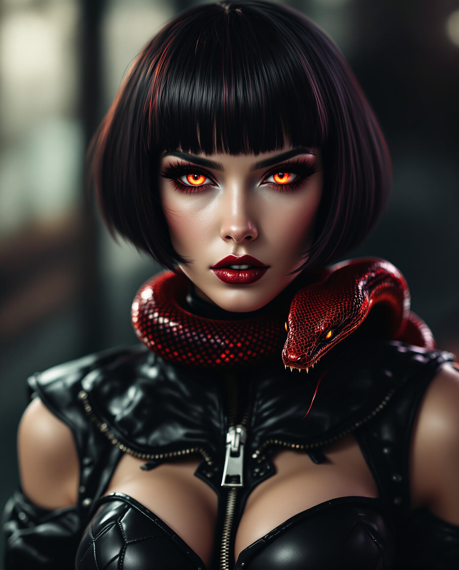This is a hyper-realistic digital portrait of a striking female figure with a close-up focus on her intense features, captured as if taken with a DSLR camera using a 50mm lens for a shallow depth of field. Her short, dark bob-cut hair gleams with a glossy sheen, fiery red highlights glowing at the tips, while her mesmerizing red eyes, detailed with scale-like irises and narrow pupils, pierce with a serpentine gaze framed by long, curled lashes with matching red mascara. A glossy red snake with intricate, gradient-toned scales coils around her neck, its menacing yet beautiful head resting on her collarbone, sharing the same haunting red eyes, set against dramatic lighting with deep shadows and vivid highlights that enhance the moody, dangerous allure of her black, quilted leather garment with a high collar and zipper detail.