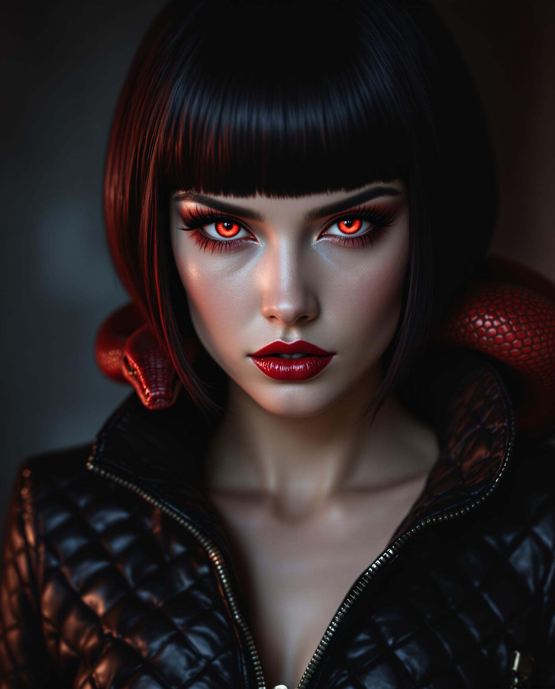 This is a hyper-realistic digital portrait of a striking female figure with a close-up focus on her intense features, captured as if taken with a DSLR camera using a 50mm lens for a shallow depth of field. Her short, dark bob-cut hair gleams with a glossy sheen, fiery red highlights glowing at the tips, while her mesmerizing red eyes, detailed with scale-like irises and narrow pupils, pierce with a serpentine gaze framed by long, curled lashes with matching red mascara. A glossy red snake with intricate, gradient-toned scales coils around her neck, its menacing yet beautiful head resting on her collarbone, sharing the same haunting red eyes, set against dramatic lighting with deep shadows and vivid highlights that enhance the moody, dangerous allure of her black, quilted leather garment with a high collar and zipper detail.