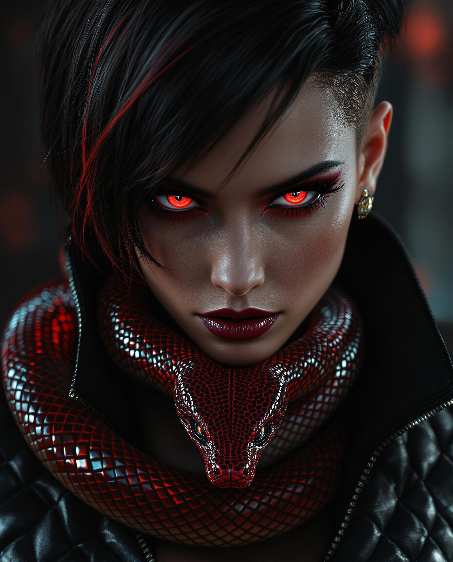 This is a hyper-realistic digital portrait of a striking female figure with a close-up focus on her intense features, captured as if taken with a DSLR camera using a 50mm lens for a shallow depth of field. Her short, dark asymmetrical short hair gleams with a glossy sheen, fiery red highlights glowing at the tips, while her mesmerizing red eyes, detailed with scale-like irises and narrow pupils, pierce with a serpentine gaze framed by long, curled lashes with matching red mascara. A glossy red snake with intricate, gradient-toned scales coils around her neck, its menacing yet beautiful head resting on her collarbone, sharing the same haunting red eyes, set against dramatic lighting with deep shadows and vivid highlights that enhance the moody, dangerous allure of her black, quilted leather garment with a high collar and zipper detail.