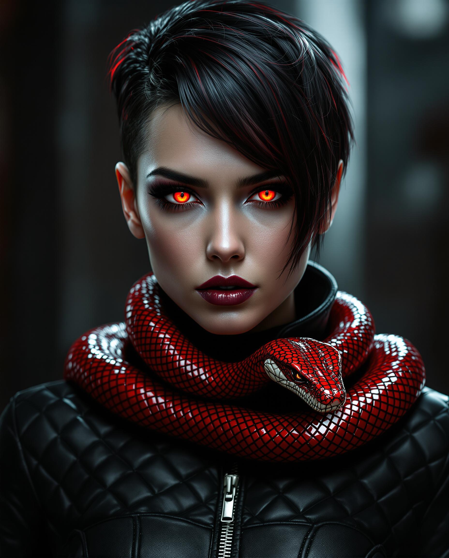 This is a hyper-realistic digital portrait of a striking female figure with a close-up focus on her intense features, captured as if taken with a DSLR camera using a 50mm lens for a shallow depth of field. Her short, dark asymmetrical short hair gleams with a glossy sheen, fiery red highlights glowing at the tips, while her mesmerizing red eyes, detailed with scale-like irises and narrow pupils, pierce with a serpentine gaze framed by long, curled lashes with matching red mascara. A glossy red snake with intricate, gradient-toned scales coils around her neck, its menacing yet beautiful head resting on her collarbone, sharing the same haunting red eyes, set against dramatic lighting with deep shadows and vivid highlights that enhance the moody, dangerous allure of her black, quilted leather garment with a high collar and zipper detail.
