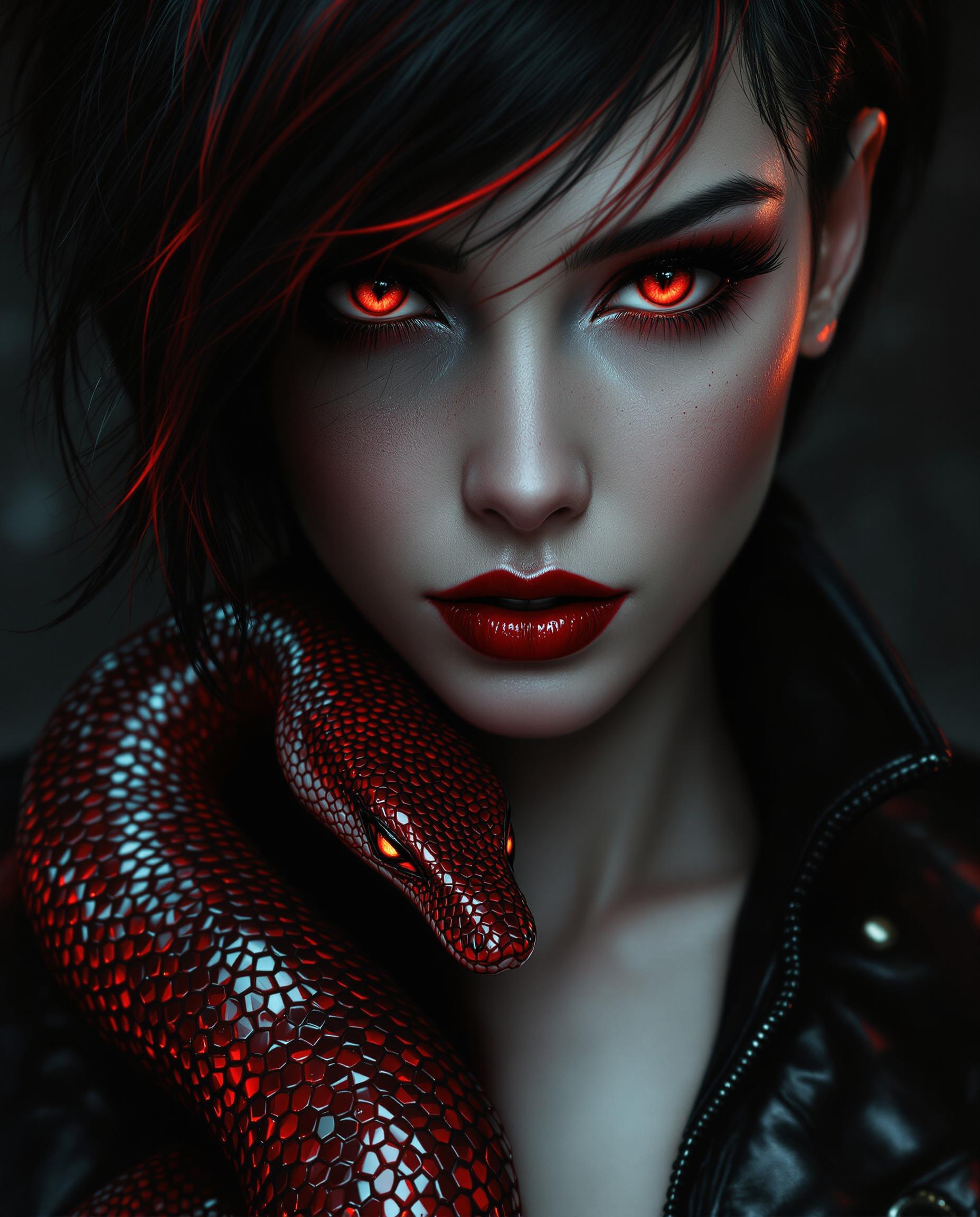 This is a hyper-realistic digital portrait of a striking female figure with a close-up focus on her intense features, captured as if taken with a DSLR camera using a 50mm lens for a shallow depth of field. Her short, dark asymmetrical short hair gleams with a glossy sheen, fiery red highlights glowing at the tips, while her mesmerizing red eyes, detailed with scale-like irises and narrow pupils, pierce with a serpentine gaze framed by long, curled lashes with matching red mascara. A glossy red snake with intricate, gradient-toned scales coils around her neck, its menacing yet beautiful head resting on her collarbone, sharing the same haunting red eyes, set against dramatic lighting with deep shadows and vivid highlights that enhance the moody, dangerous allure of her black, quilted leather garment with a high collar and zipper detail.