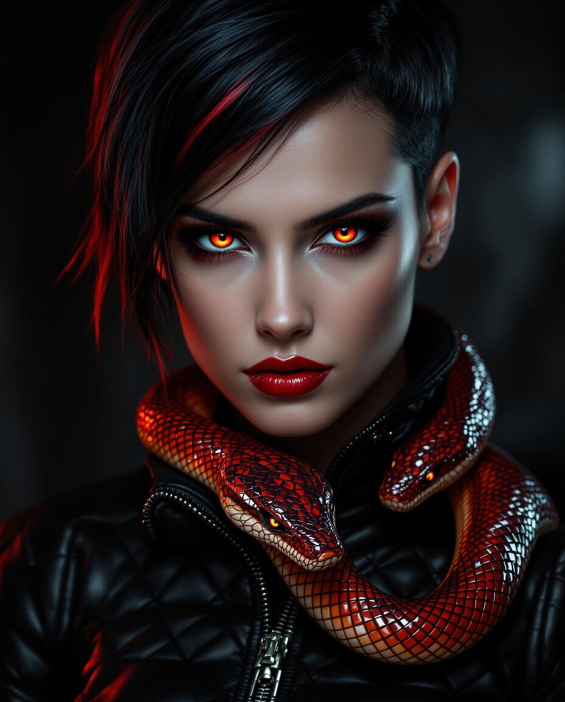This is a hyper-realistic digital portrait of a striking female figure with a close-up focus on her intense features, captured as if taken with a DSLR camera using a 50mm lens for a shallow depth of field. Her short, dark asymmetrical short hair gleams with a glossy sheen, fiery red highlights glowing at the tips, while her mesmerizing red eyes, detailed with scale-like irises and narrow pupils, pierce with a serpentine gaze framed by long, curled lashes with matching red mascara. A glossy red snake with intricate, gradient-toned scales coils around her neck, its menacing yet beautiful head resting on her collarbone, sharing the same haunting red eyes, set against dramatic lighting with deep shadows and vivid highlights that enhance the moody, dangerous allure of her black, quilted leather garment with a high collar and zipper detail.