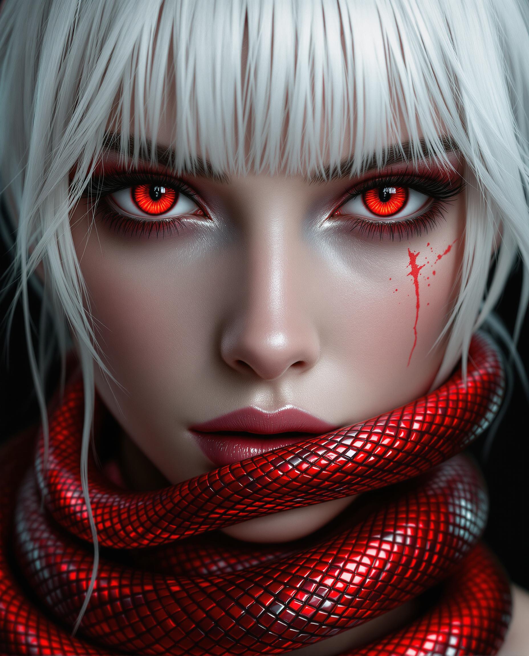 This is a closeup realistic photo (photograph) of a female real person digital artwork that features a detailed and realistic portrayal of a person with white hair and red eyes. The hair is depicted with individual strands that have a lifelike texture and volume, giving the hair a three dimensional appearance. The red eyes are particularly striking, with a glossy sheen that reflects light, and the pupils are dilated, adding to the intensity of the gaze. Around the neck of the figure, there is a coiled red snake with scales that shimmer with a metallic sheen, and the texture of the scales is intricately detailed. The snake wraps around the neck in a way that suggests movement and life, and the way it interacts with the figures hair adds to the dynamic of the image. The overall art style of the image is digital realism, with a focus on creating a lifelike and immersive visual experience. The medium appears to be a high resolution digital painting, utilizing advanced rendering techniques to achieve the level of detail and lighting in the image. The colors in the image are primarily red and white, with the reds ranging from the bright, fiery hue of the snake to the more muted tones in the hair. The contrast between the reds and the white hair creates a visually compelling image, while the black background serves to isolate and emphasize the subject. In summary, this is a digitally rendered artwork that captures the viewers attention with its lifelike portrayal of a figure with striking red eyes and a coiled red snake around their neck. The art style is digital realism, with a focus on creating a visually compelling and immersive experience through the use of advanced rendering techniques and a limited yet impactful color palette.