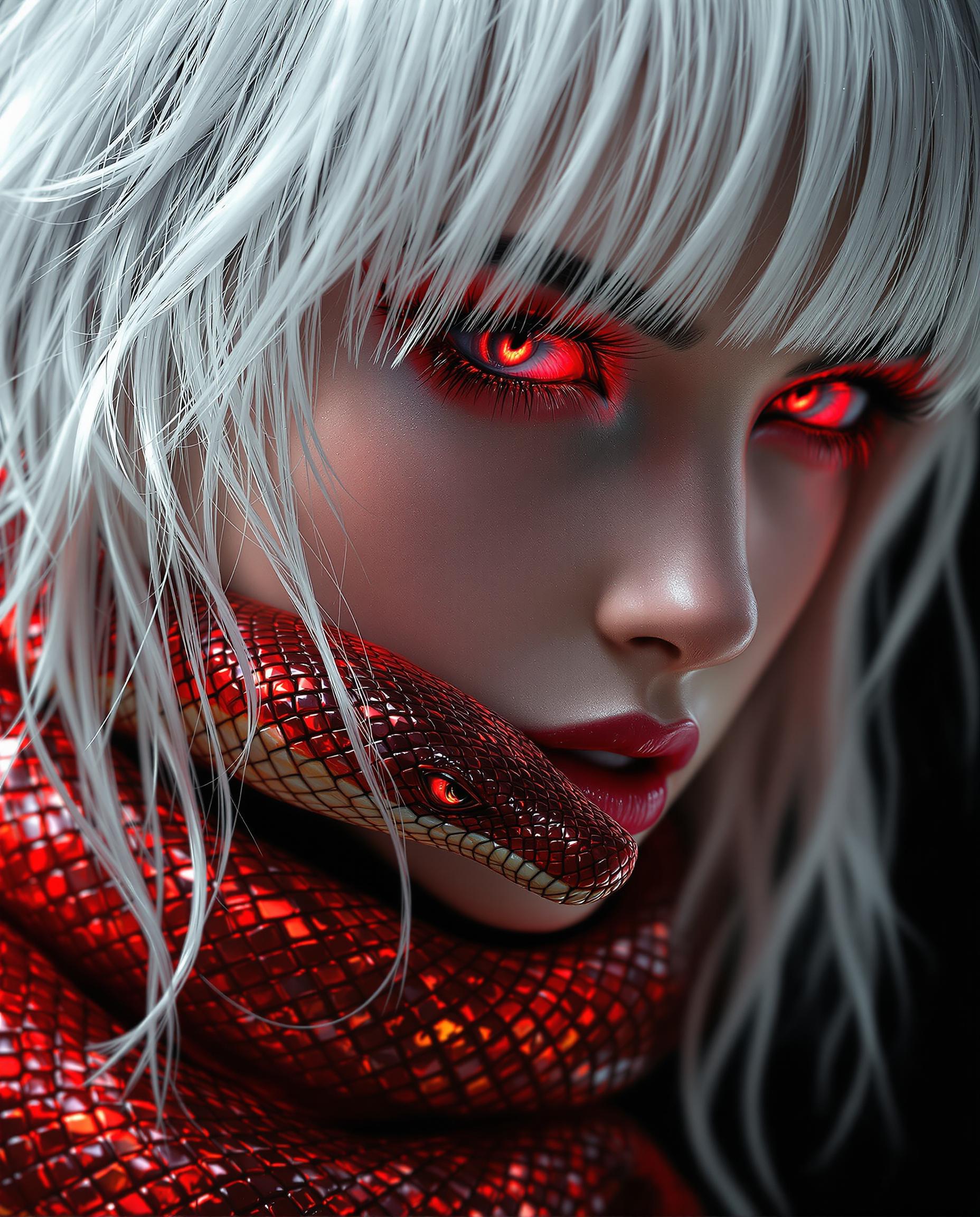 This is a closeup realistic photo (photograph) of a female real person digital artwork that features a detailed and realistic portrayal of a person with white hair and red eyes. The hair is depicted with individual strands that have a lifelike texture and volume, giving the hair a three dimensional appearance. The red eyes are particularly striking, with a glossy sheen that reflects light, and the pupils are dilated, adding to the intensity of the gaze. Around the neck of the figure, there is a coiled red snake with scales that shimmer with a metallic sheen, and the texture of the scales is intricately detailed. The snake wraps around the neck in a way that suggests movement and life, and the way it interacts with the figures hair adds to the dynamic of the image. The overall art style of the image is digital realism, with a focus on creating a lifelike and immersive visual experience. The medium appears to be a high resolution digital painting, utilizing advanced rendering techniques to achieve the level of detail and lighting in the image. The colors in the image are primarily red and white, with the reds ranging from the bright, fiery hue of the snake to the more muted tones in the hair. The contrast between the reds and the white hair creates a visually compelling image, while the black background serves to isolate and emphasize the subject. In summary, this is a digitally rendered artwork that captures the viewers attention with its lifelike portrayal of a figure with striking red eyes and a coiled red snake around their neck. The art style is digital realism, with a focus on creating a visually compelling and immersive experience through the use of advanced rendering techniques and a limited yet impactful color palette.
