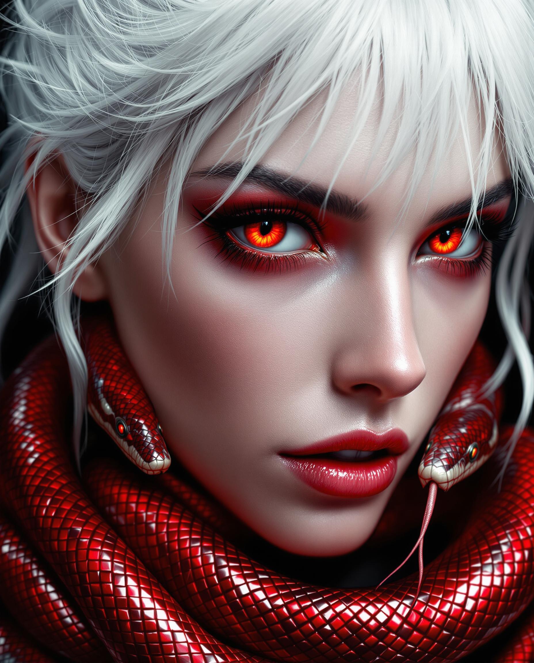 This is a closeup realistic photo (photograph) of a female real person digital artwork that features a detailed and realistic portrayal of a person with white hair and red eyes. The hair is depicted with individual strands that have a lifelike texture and volume, giving the hair a three dimensional appearance. The red eyes are particularly striking, with a glossy sheen that reflects light, and the pupils are dilated, adding to the intensity of the gaze. Around the neck of the figure, there is a coiled red snake with scales that shimmer with a metallic sheen, and the texture of the scales is intricately detailed. The snake wraps around the neck in a way that suggests movement and life, and the way it interacts with the figures hair adds to the dynamic of the image. The overall art style of the image is digital realism, with a focus on creating a lifelike and immersive visual experience. The medium appears to be a high resolution digital painting, utilizing advanced rendering techniques to achieve the level of detail and lighting in the image. The colors in the image are primarily red and white, with the reds ranging from the bright, fiery hue of the snake to the more muted tones in the hair. The contrast between the reds and the white hair creates a visually compelling image, while the black background serves to isolate and emphasize the subject. In summary, this is a digitally rendered artwork that captures the viewers attention with its lifelike portrayal of a figure with striking red eyes and a coiled red snake around their neck. The art style is digital realism, with a focus on creating a visually compelling and immersive experience through the use of advanced rendering techniques and a limited yet impactful color palette.