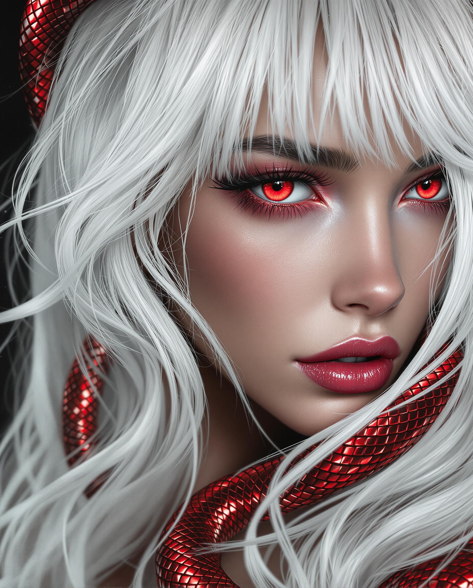 A closeup, photorealistic digital painting of a female figure with striking white hair and intense red eyes, rendered in stunning 8K detail. The hair flows with lifelike texture and volume, each strand catching the light, while the glossy red eyes reflect a subtle sheen, their dilated pupils conveying a piercing gaze. A coiled red snake with shimmering, metallic scales wraps dynamically around her neck, its intricate texture and movement intertwining with her hair against a stark black background, emphasizing the vivid contrast of fiery reds and pure white.