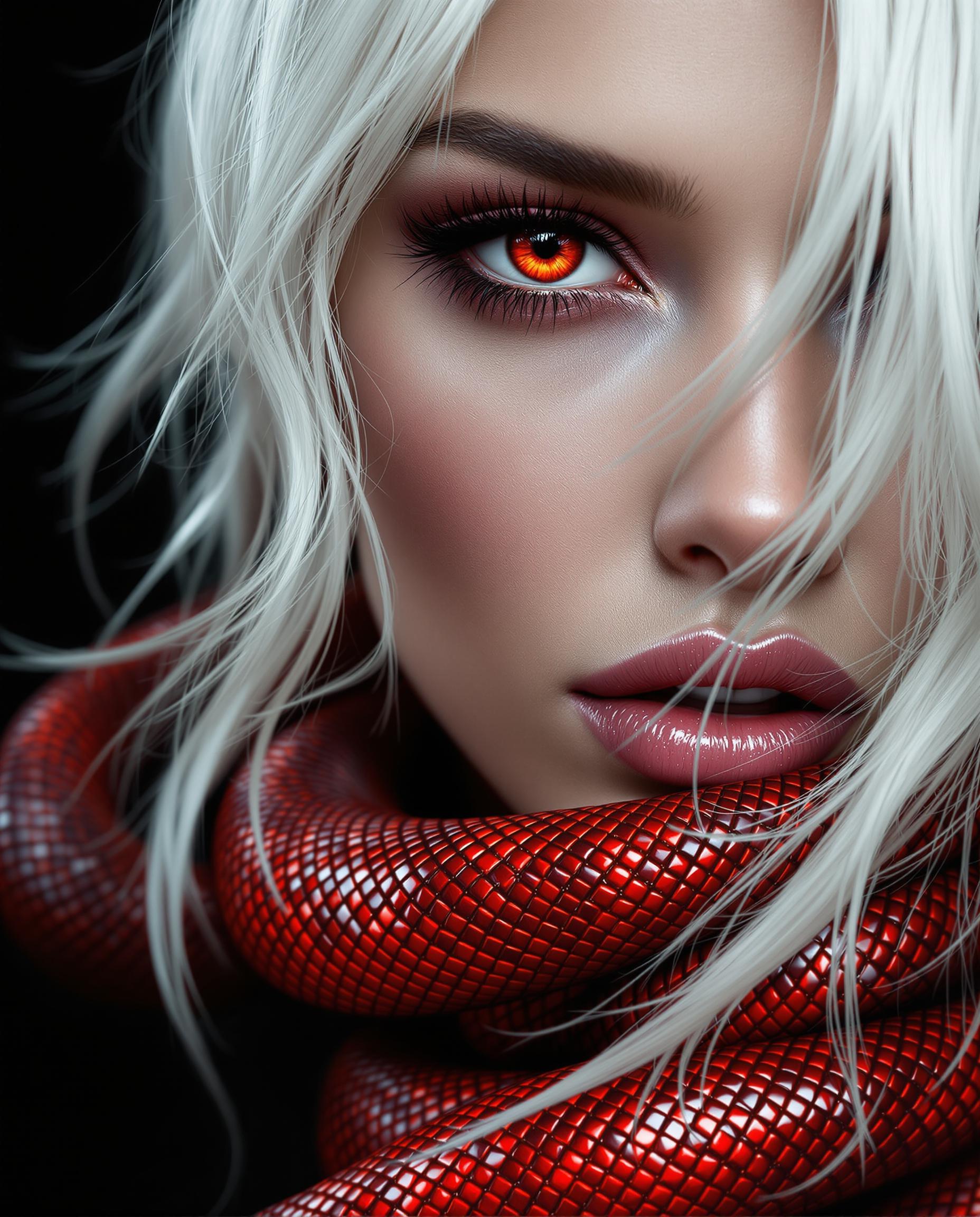 A closeup, photorealistic digital painting of a female figure with striking white hair and intense red eyes, rendered in stunning 8K detail. The hair flows with lifelike texture and volume, each strand catching the light, while the glossy red eyes reflect a subtle sheen, their dilated pupils conveying a piercing gaze. A coiled red snake with shimmering, metallic scales wraps dynamically around her neck, its intricate texture and movement intertwining with her hair against a stark black background, emphasizing the vivid contrast of fiery reds and pure white.