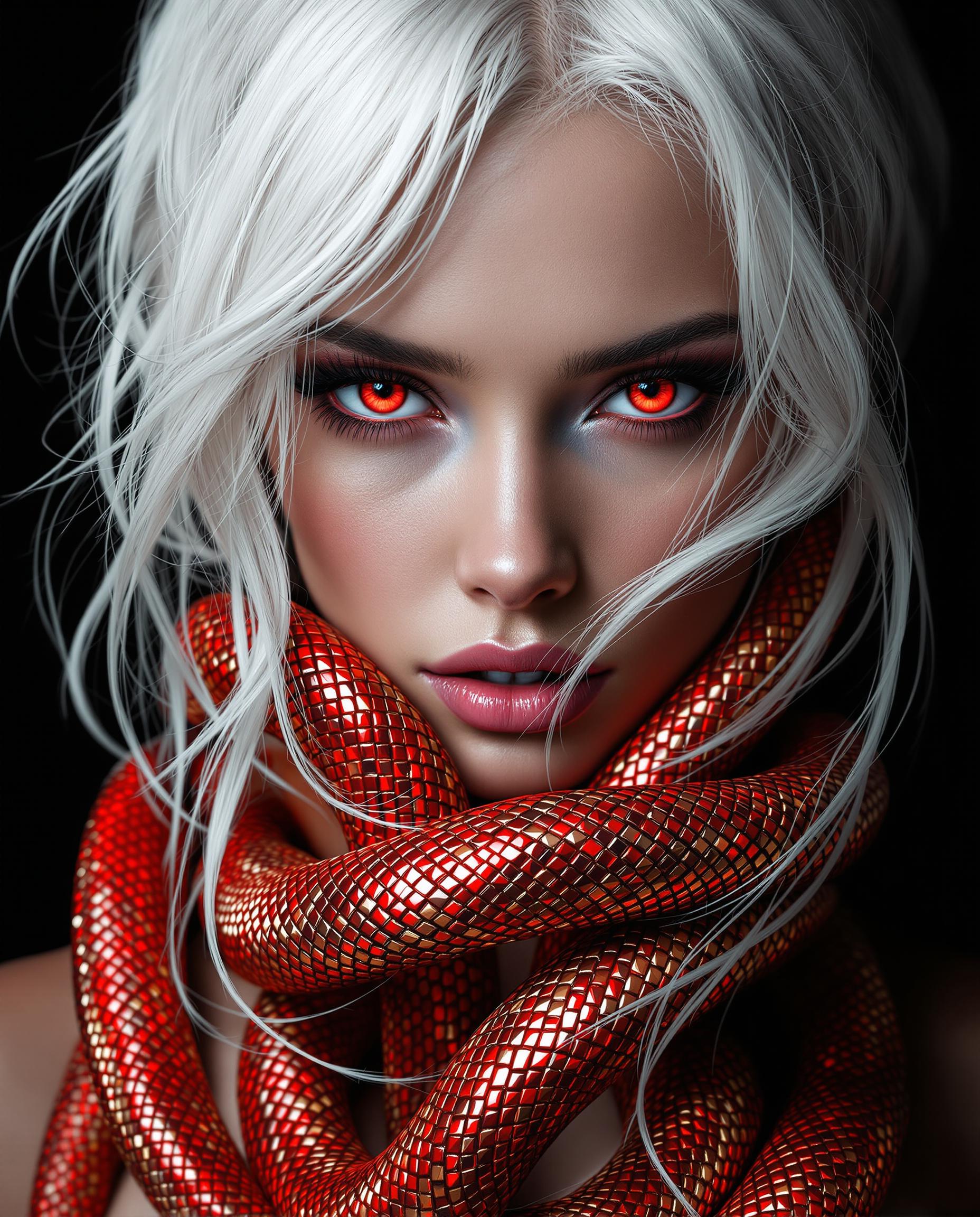 A closeup, photorealistic digital painting of a female figure with striking white hair and intense red eyes, rendered in stunning 8K detail. The hair flows with lifelike texture and volume, each strand catching the light, while the glossy red eyes reflect a subtle sheen, their dilated pupils conveying a piercing gaze. A coiled red snake with shimmering, metallic scales wraps dynamically around her neck, its intricate texture and movement intertwining with her hair against a stark black background, emphasizing the vivid contrast of fiery reds and pure white.