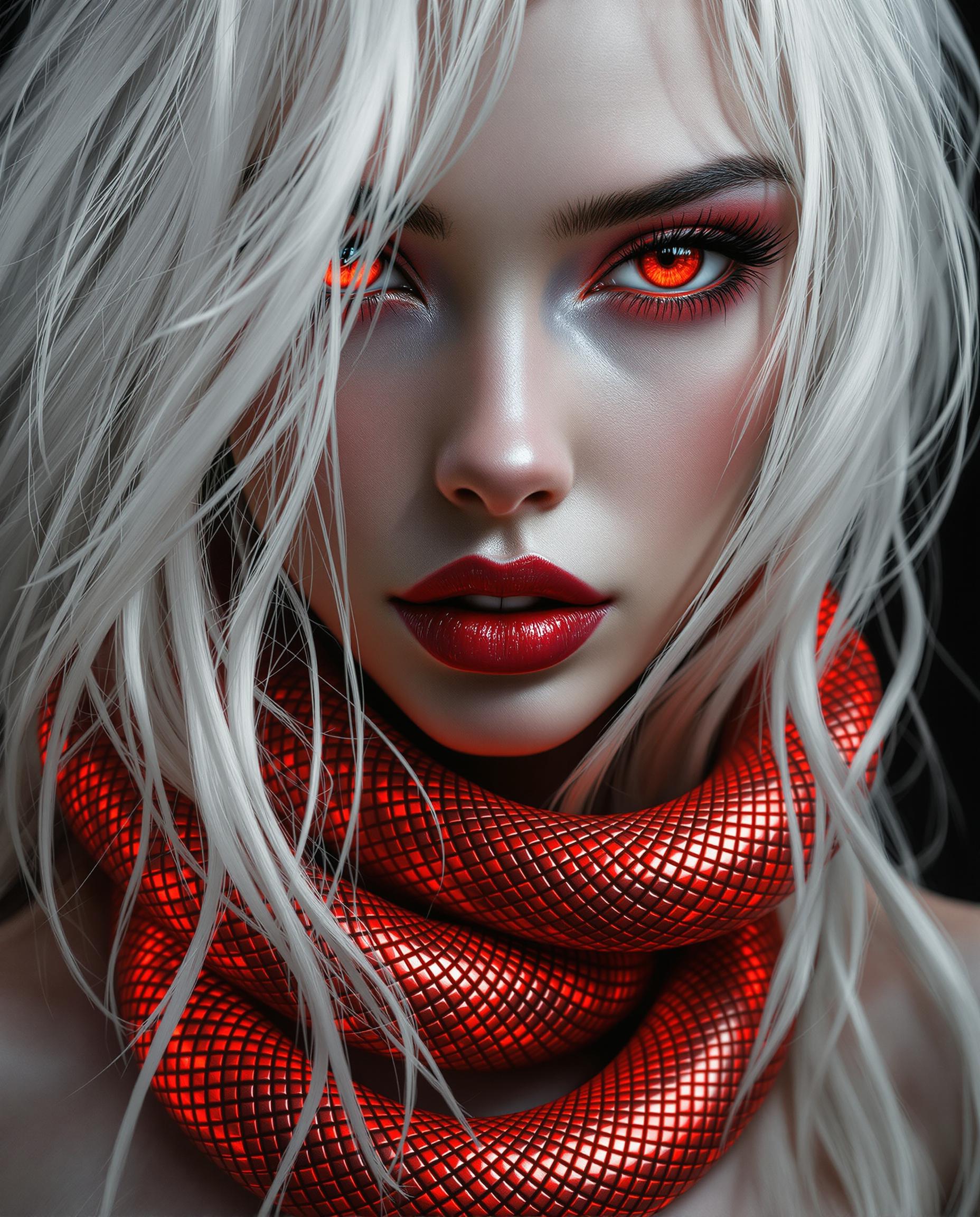 A closeup, photorealistic digital painting of a female figure with striking white hair and intense red eyes, rendered in stunning 8K detail. The hair flows with lifelike texture and volume, each strand catching the light, while the glossy red eyes reflect a subtle sheen, their dilated pupils conveying a piercing gaze. A coiled red snake with shimmering, metallic scales wraps dynamically around her neck, its intricate texture and movement intertwining with her hair against a stark black background, emphasizing the vivid contrast of fiery reds and pure white.