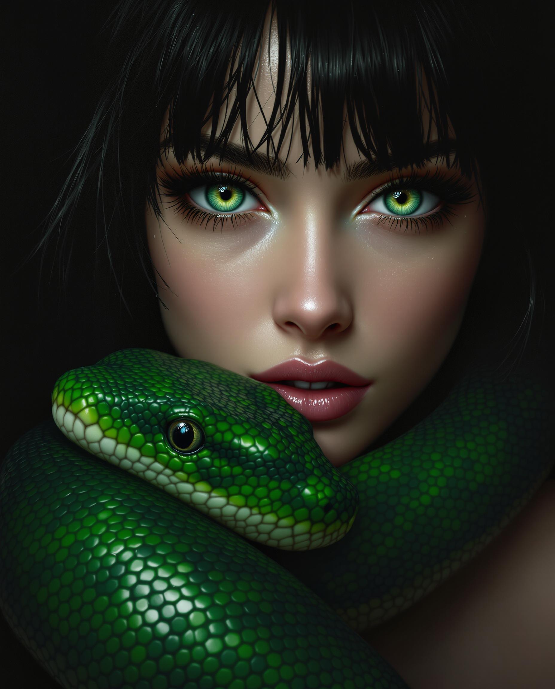 This is a realistic photo (photograph) of a female real person digitally created image that showcases a closeup of a person with a striking resemblance to a character from a fantasy or science fiction setting. The person has large, expressive green eyes with long, dark lashes and a hint of green in the irises, which match the green of the snake they are holding. The hair is dark, with bangs that are slightly wet, giving the hair a glossy appearance and a sense of movement. The snake is wrapped around the persons neck and shoulders, with its head resting on the persons collarbone. The snake is a realistic depiction, with scales that shimmer in the light, and its eyes are wide open, reflecting a sense of alertness or curiosity. The texture of the snakes scales is intricate, and the way the light plays across them gives the image a three dimensional quality. The art style is highly detailed and lifelike, with a focus on the interplay of light and shadow to create a sense of depth and realism. The medium appears to be a digital painting, given the smooth blending of colors and the lack of brush strokes. The colors in the image are primarily shades of green, with the persons skin appearing to be a soft, warm tone that contrasts with the coolness of the snake. The background is dark and nondescript, with a gradient of black and gray that fades into darkness, ensuring that the focus remains on the person and the snake. There is a watermark in the bottom right corner that reads Brainstorm AI, indicating that the image was created using artificial intelligence. Overall, the image is a compelling blend of fantasy and realism, with a strong emphasis on the interplay between human and animal, and the use of color and light to create a sense of drama and intensity.