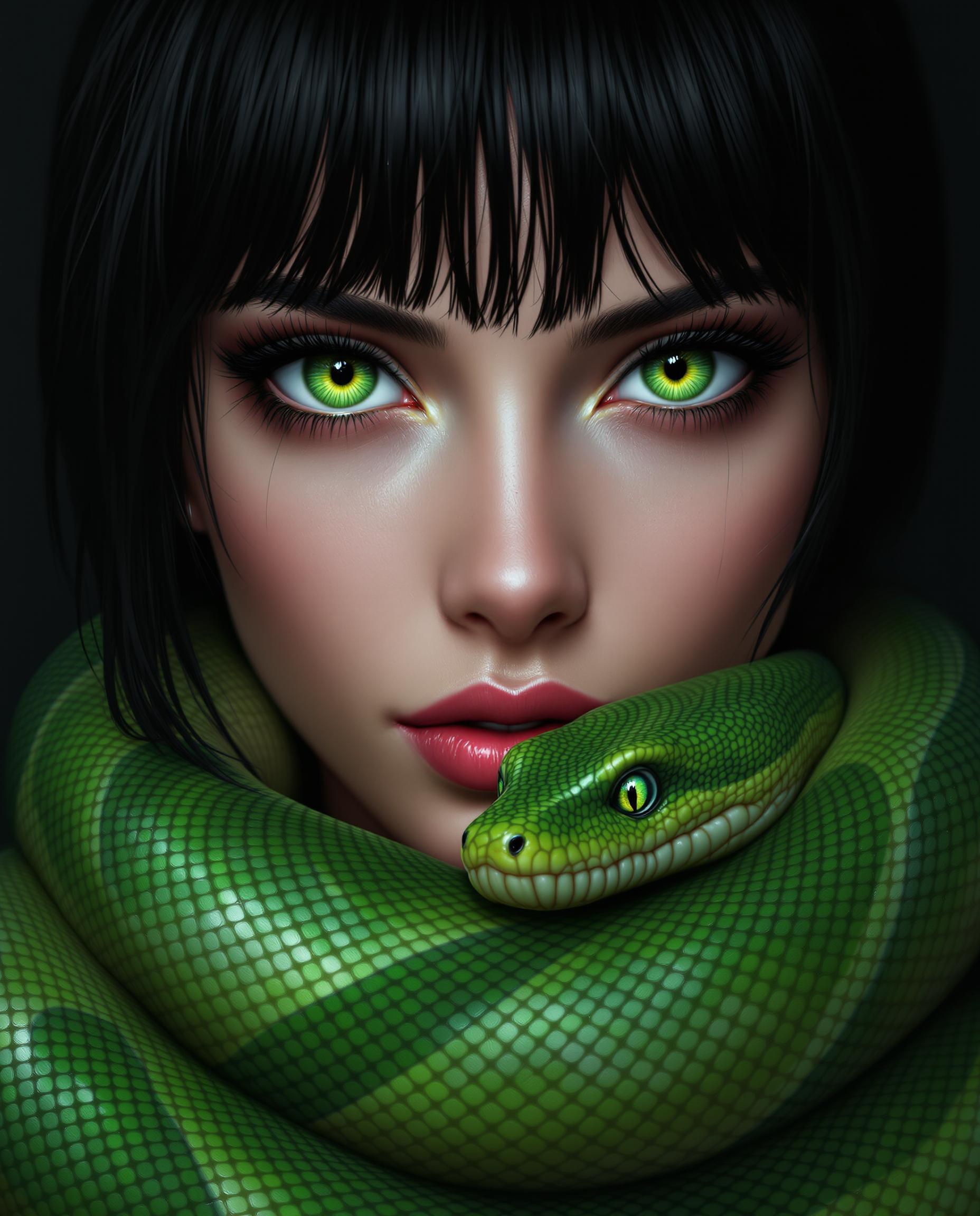 This is a realistic photo (photograph) of a female real person digitally created image that showcases a closeup of a person with a striking resemblance to a character from a fantasy or science fiction setting. The person has large, expressive green eyes with long, dark lashes and a hint of green in the irises, which match the green of the snake they are holding. The hair is dark, with bangs that are slightly wet, giving the hair a glossy appearance and a sense of movement. The snake is wrapped around the persons neck and shoulders, with its head resting on the persons collarbone. The snake is a realistic depiction, with scales that shimmer in the light, and its eyes are wide open, reflecting a sense of alertness or curiosity. The texture of the snakes scales is intricate, and the way the light plays across them gives the image a three dimensional quality. The art style is highly detailed and lifelike, with a focus on the interplay of light and shadow to create a sense of depth and realism. The medium appears to be a digital painting, given the smooth blending of colors and the lack of brush strokes. The colors in the image are primarily shades of green, with the persons skin appearing to be a soft, warm tone that contrasts with the coolness of the snake. The background is dark and nondescript, with a gradient of black and gray that fades into darkness, ensuring that the focus remains on the person and the snake. There is a watermark in the bottom right corner that reads aifluxart, indicating that the image was created using artificial intelligence. Overall, the image is a compelling blend of fantasy and realism, with a strong emphasis on the interplay between human and animal, and the use of color and light to create a sense of drama and intensity.