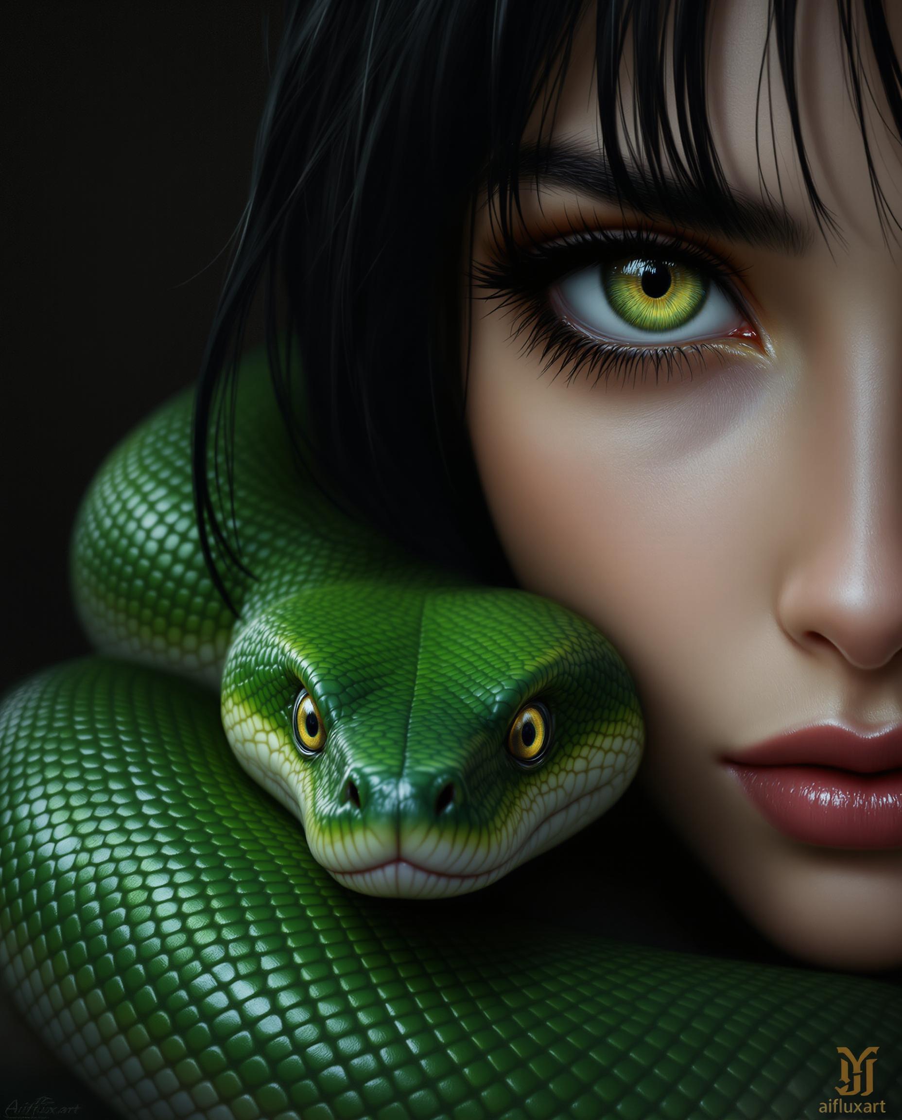 This is a realistic photo (photograph) of a female real person digitally created image that showcases a closeup of a person with a striking resemblance to a character from a fantasy or science fiction setting. The person has large, expressive green eyes with long, dark lashes and a hint of green in the irises, which match the green of the snake they are holding. The hair is dark, with bangs that are slightly wet, giving the hair a glossy appearance and a sense of movement. The snake is wrapped around the persons neck and shoulders, with its head resting on the persons collarbone. The snake is a realistic depiction, with scales that shimmer in the light, and its eyes are wide open, reflecting a sense of alertness or curiosity. The texture of the snakes scales is intricate, and the way the light plays across them gives the image a three dimensional quality. The art style is highly detailed and lifelike, with a focus on the interplay of light and shadow to create a sense of depth and realism. The medium appears to be a digital painting, given the smooth blending of colors and the lack of brush strokes. The colors in the image are primarily shades of green, with the persons skin appearing to be a soft, warm tone that contrasts with the coolness of the snake. The background is dark and nondescript, with a gradient of black and gray that fades into darkness, ensuring that the focus remains on the person and the snake. There is a watermark in the bottom right corner that reads aifluxart, indicating that the image was created using artificial intelligence. Overall, the image is a compelling blend of fantasy and realism, with a strong emphasis on the interplay between human and animal, and the use of color and light to create a sense of drama and intensity.