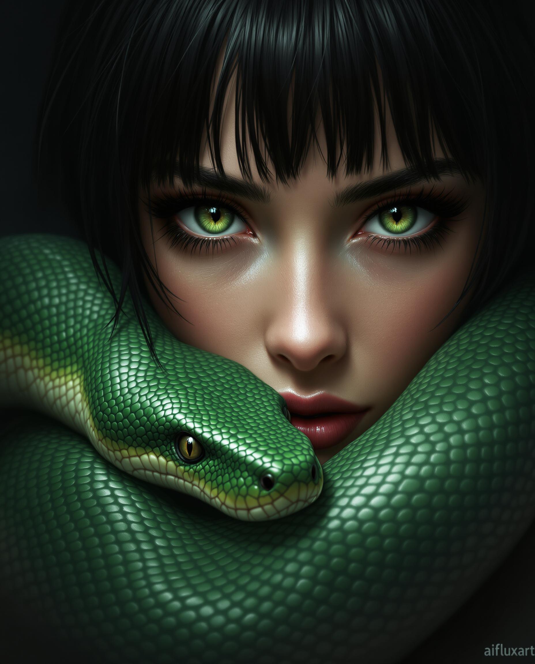This is a realistic photo (photograph) of a female real person digitally created image that showcases a closeup of a person with a striking resemblance to a character from a fantasy or science fiction setting. The person has large, expressive green eyes with long, dark lashes and a hint of green in the irises, which match the green of the snake they are holding. The hair is dark, with bangs that are slightly wet, giving the hair a glossy appearance and a sense of movement. The snake is wrapped around the persons neck and shoulders, with its head resting on the persons collarbone. The snake is a realistic depiction, with scales that shimmer in the light, and its eyes are wide open, reflecting a sense of alertness or curiosity. The texture of the snakes scales is intricate, and the way the light plays across them gives the image a three dimensional quality. The art style is highly detailed and lifelike, with a focus on the interplay of light and shadow to create a sense of depth and realism. The medium appears to be a digital painting, given the smooth blending of colors and the lack of brush strokes. The colors in the image are primarily shades of green, with the persons skin appearing to be a soft, warm tone that contrasts with the coolness of the snake. The background is dark and nondescript, with a gradient of black and gray that fades into darkness, ensuring that the focus remains on the person and the snake. There is a watermark in the bottom right corner that reads aifluxart, indicating that the image was created using artificial intelligence. Overall, the image is a compelling blend of fantasy and realism, with a strong emphasis on the interplay between human and animal, and the use of color and light to create a sense of drama and intensity.