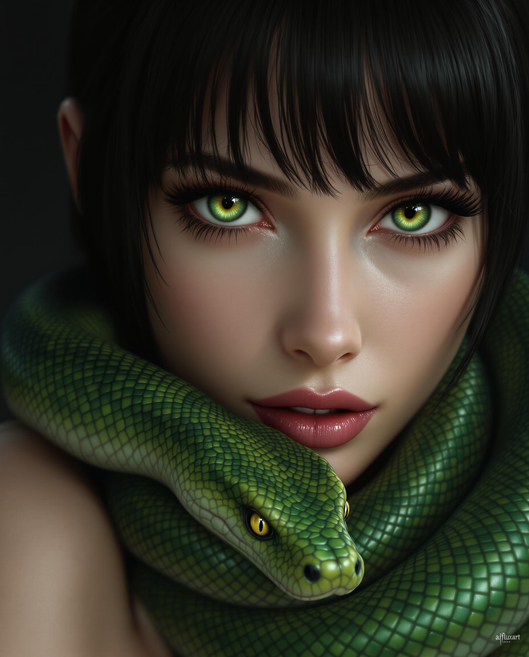 This is a realistic photo (photograph) of a female real person digitally created image that showcases a closeup of a person with a striking resemblance to a character from a fantasy or science fiction setting. The person has large, expressive green eyes with long, dark lashes and a hint of green in the irises, which match the green of the snake they are holding. The hair is dark, with bangs that are slightly wet, giving the hair a glossy appearance and a sense of movement. The snake is wrapped around the persons neck and shoulders, with its head resting on the persons collarbone. The snake is a realistic depiction, with scales that shimmer in the light, and its eyes are wide open, reflecting a sense of alertness or curiosity. The texture of the snakes scales is intricate, and the way the light plays across them gives the image a three dimensional quality. The art style is highly detailed and lifelike, with a focus on the interplay of light and shadow to create a sense of depth and realism. The medium appears to be a digital painting, given the smooth blending of colors and the lack of brush strokes. The colors in the image are primarily shades of green, with the persons skin appearing to be a soft, warm tone that contrasts with the coolness of the snake. The background is dark and nondescript, with a gradient of black and gray that fades into darkness, ensuring that the focus remains on the person and the snake. There is a watermark in the bottom right corner that reads aifluxart, indicating that the image was created using artificial intelligence. Overall, the image is a compelling blend of fantasy and realism, with a strong emphasis on the interplay between human and animal, and the use of color and light to create a sense of drama and intensity.