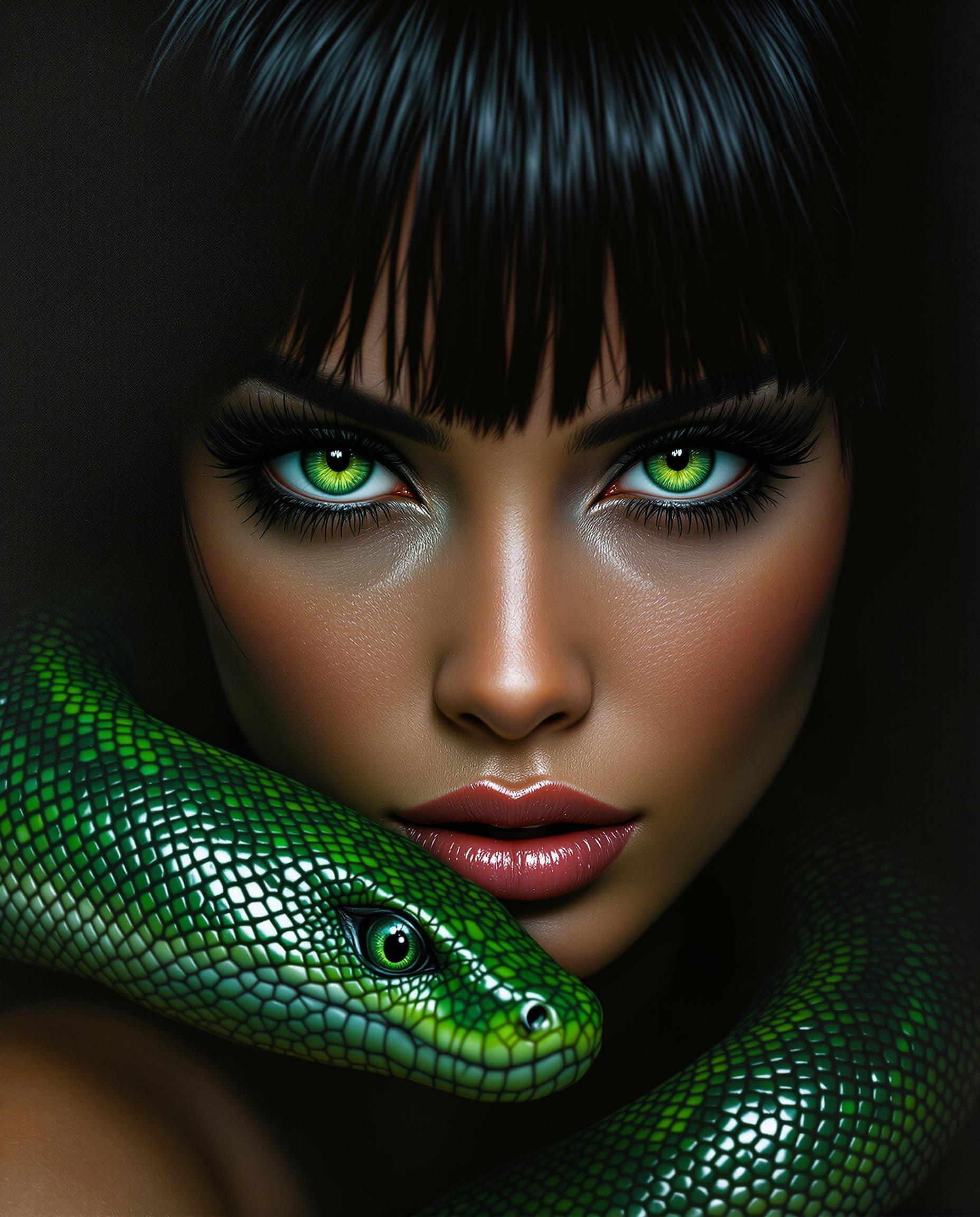 A highly detailed, photorealistic digital painting captures a close-up of a striking female figure resembling a fantasy or sci-fi character, her large, expressive green eyes with dark lashes mirroring the vibrant green of the snake draped around her neck and shoulders. Her dark, slightly wet bangs glisten with a glossy sheen, adding dynamic movement, while the snake’s intricate, shimmering scales and alert, reflective eyes create a vivid, three-dimensional effect under cinematic lighting. Set against a dark, gradient black-to-gray background, the warm tone of her skin contrasts with the cool greens, emphasizing the dramatic interplay of light, shadow, and the intense bond between human and creature.