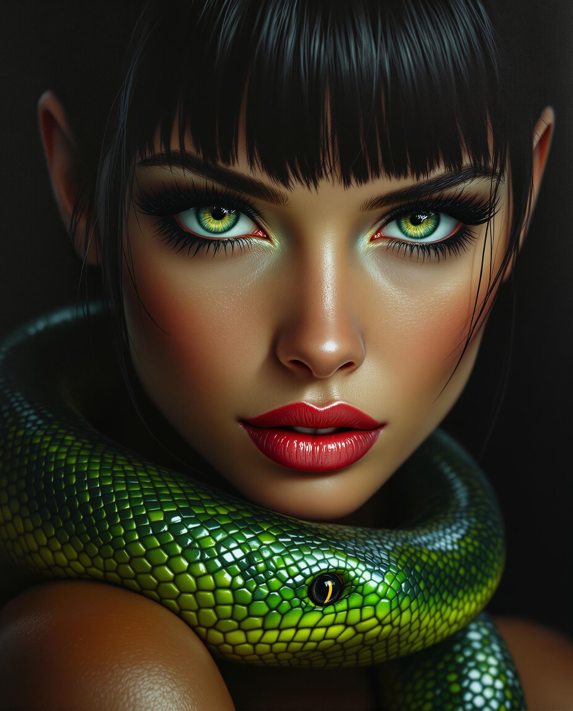 A highly detailed, photorealistic digital painting captures a close-up of a striking female figure resembling a fantasy or sci-fi character, her large, expressive green eyes with dark lashes mirroring the vibrant green of the snake draped around her neck and shoulders. Her dark, slightly wet bangs glisten with a glossy sheen, adding dynamic movement, while the snake’s intricate, shimmering scales and alert, reflective eyes create a vivid, three-dimensional effect under cinematic lighting. Set against a dark, gradient black-to-gray background, the warm tone of her skin contrasts with the cool greens, emphasizing the dramatic interplay of light, shadow, and the intense bond between human and creature.