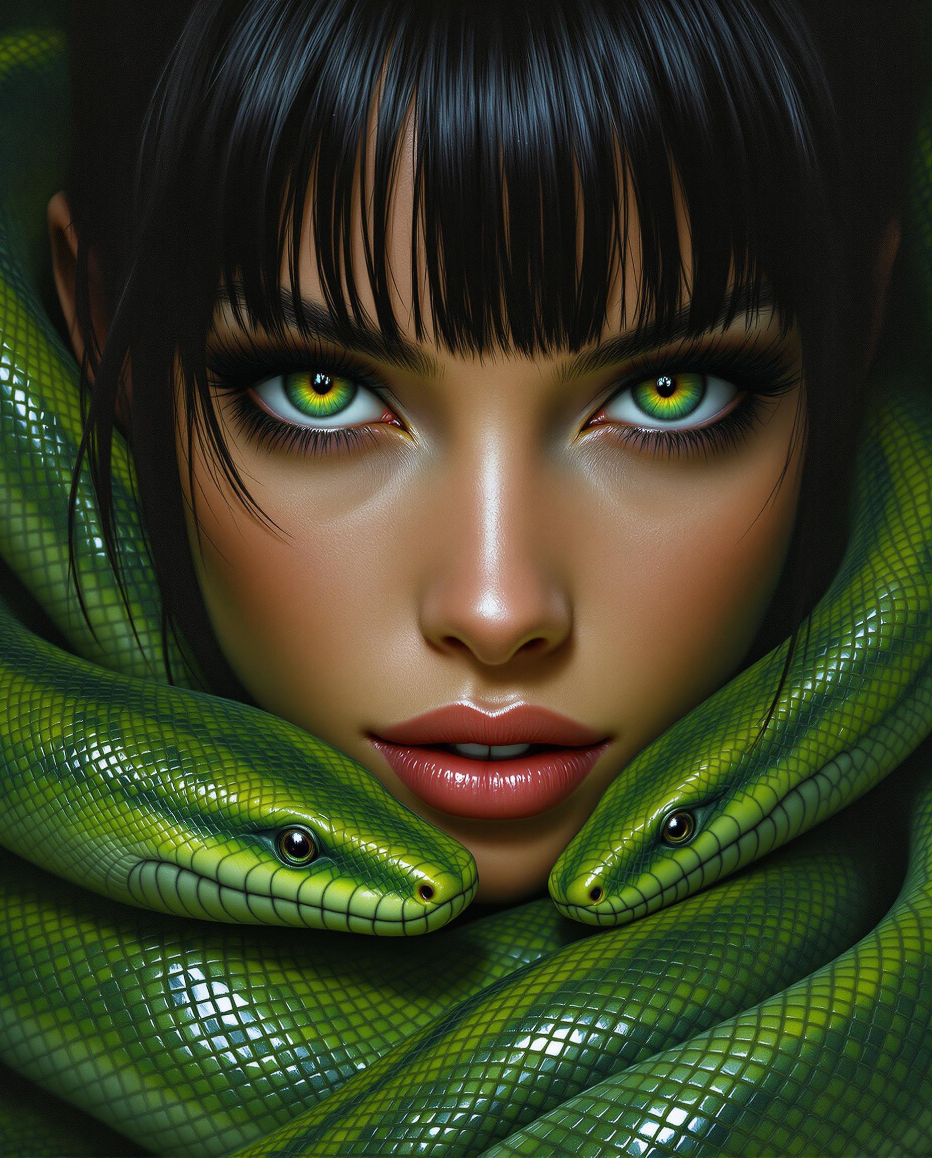 A highly detailed, photorealistic digital painting captures a close-up of a striking female figure resembling a fantasy or sci-fi character, her large, expressive green eyes with dark lashes mirroring the vibrant green of the snake draped around her neck and shoulders. Her dark, slightly wet bangs glisten with a glossy sheen, adding dynamic movement, while the snake’s intricate, shimmering scales and alert, reflective eyes create a vivid, three-dimensional effect under cinematic lighting. Set against a dark, gradient black-to-gray background, the warm tone of her skin contrasts with the cool greens, emphasizing the dramatic interplay of light, shadow, and the intense bond between human and creature.