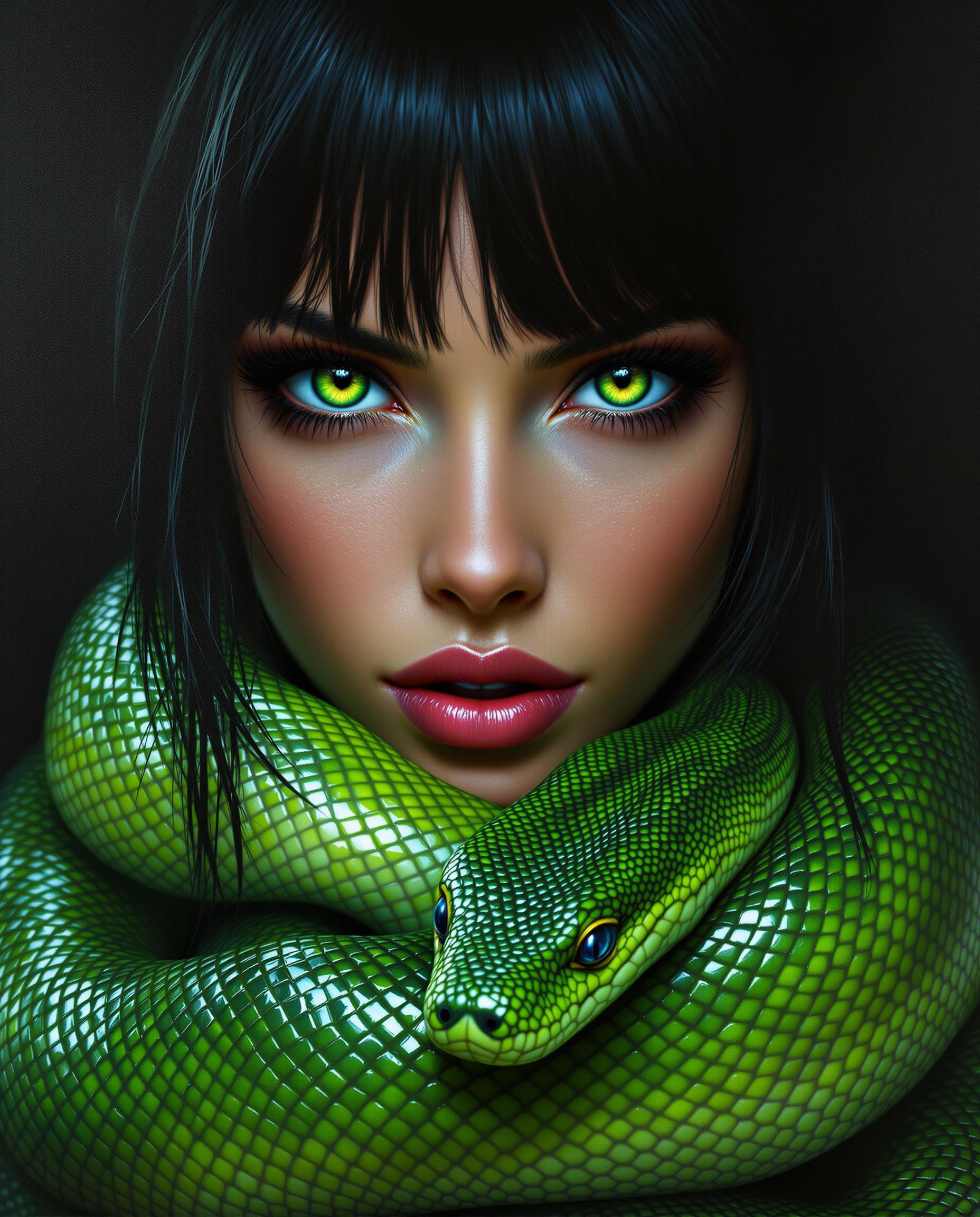 A highly detailed, photorealistic digital painting captures a close-up of a striking female figure resembling a fantasy or sci-fi character, her large, expressive green eyes with dark lashes mirroring the vibrant green of the snake draped around her neck and shoulders. Her dark, slightly wet bangs glisten with a glossy sheen, adding dynamic movement, while the snake’s intricate, shimmering scales and alert, reflective eyes create a vivid, three-dimensional effect under cinematic lighting. Set against a dark, gradient black-to-gray background, the warm tone of her skin contrasts with the cool greens, emphasizing the dramatic interplay of light, shadow, and the intense bond between human and creature.