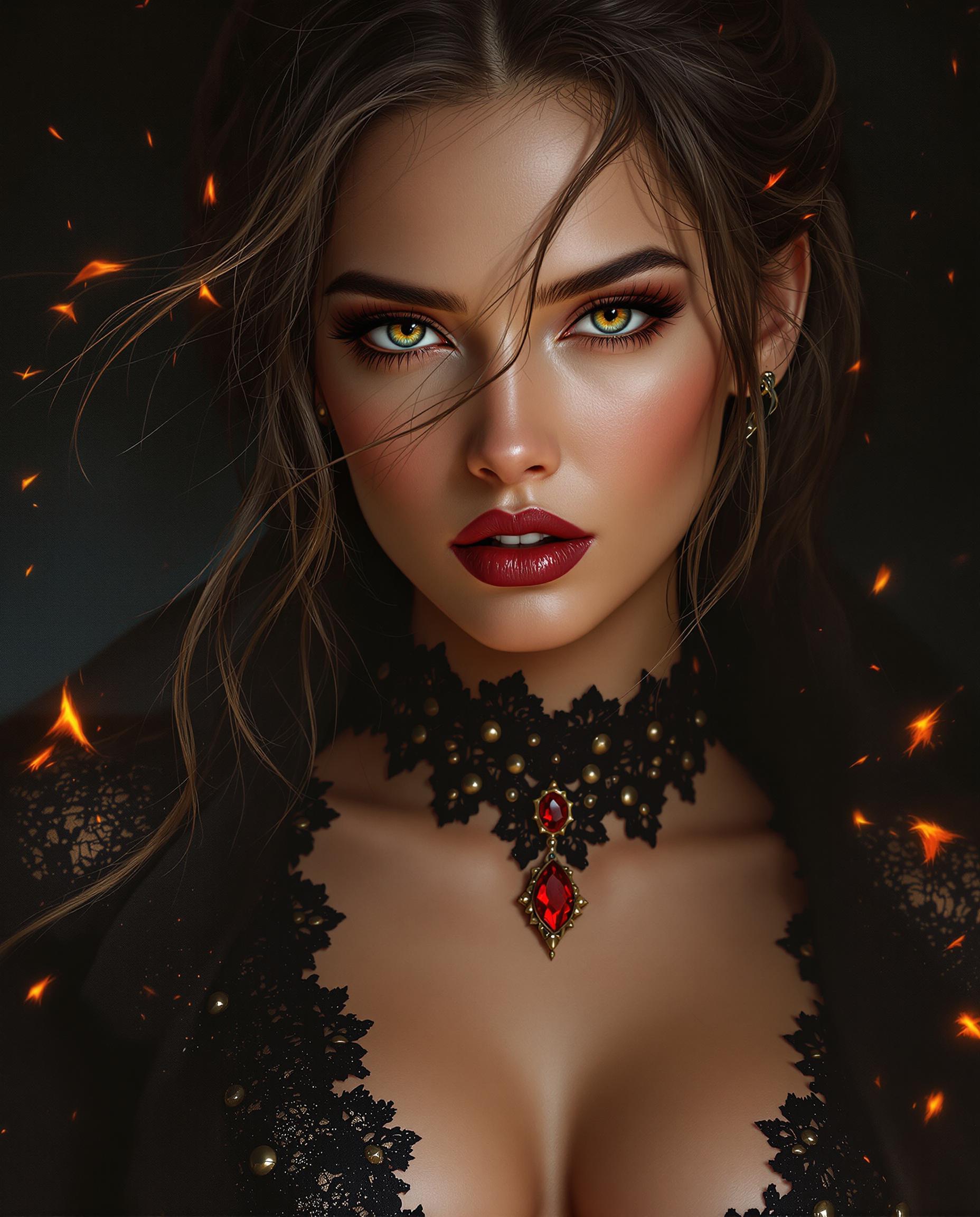 A stunning close-up digital painting of a female figure, captured in a dramatic and intense pose, exuding mystery and power with a regal yet formidable presence. This photorealistic artwork showcases lifelike skin tones in warm, sun-kissed hues, intricate textures in a dark, lace-detailed garment with studs, and a striking choker featuring a vivid red gemstone, set against a moody, smoky background with floating sparks and embers. Dynamic lighting with cinematic highlights and shadows, paired with rich, dark tones, enhances the three-dimensional quality, while loose, wind-caught hair adds movement to the hyper-detailed composition.