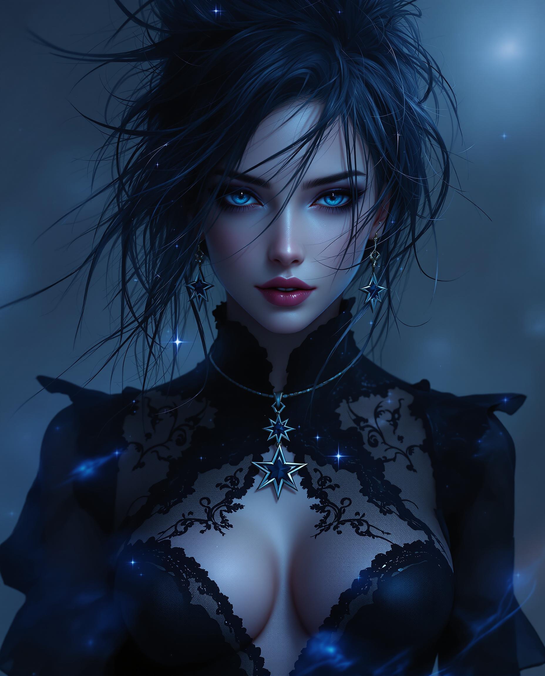 This image is a realistic photo (photograph) of a female real person digital artwork that exudes a sense of fantasy and mystique. The art style is reminiscent of digital painting, with a focus on smooth gradients and a high level of detail. The medium appears to be a digital painting software, given the realistic textures and lighting effects.The colors in the image are predominantly cool tones, with shades of blue and black creating a moody and atmospheric effect. The use of blues gives the image a sense of depth and coldness, while the blacks add contrast and a sense of mystery. There are also touches of lighter blues and purples, which add to the icy and ethereal feel of the artwork.The objects in the image are primarily the subjects body and jewelry. The subject is wearing a black garment with lace detailing, which adds a touch of elegance and sophistication. The garment is adorned with a starshaped pendant, which is a recurring motif throughout the image. This pendant is a central element, drawing the viewers attention and suggesting a connection to the celestial theme of the artwork.The subjects hair is styled in a messy, windswept fashion, with strands of hair sticking out in different directions. This adds dynamism to the composition and gives the subject a sense of movement and untamed beauty.Overall, the image is a captivating blend of fantasy and modern digital art techniques, with a focus on cool tones, celestial motifs, and intricate detailing.