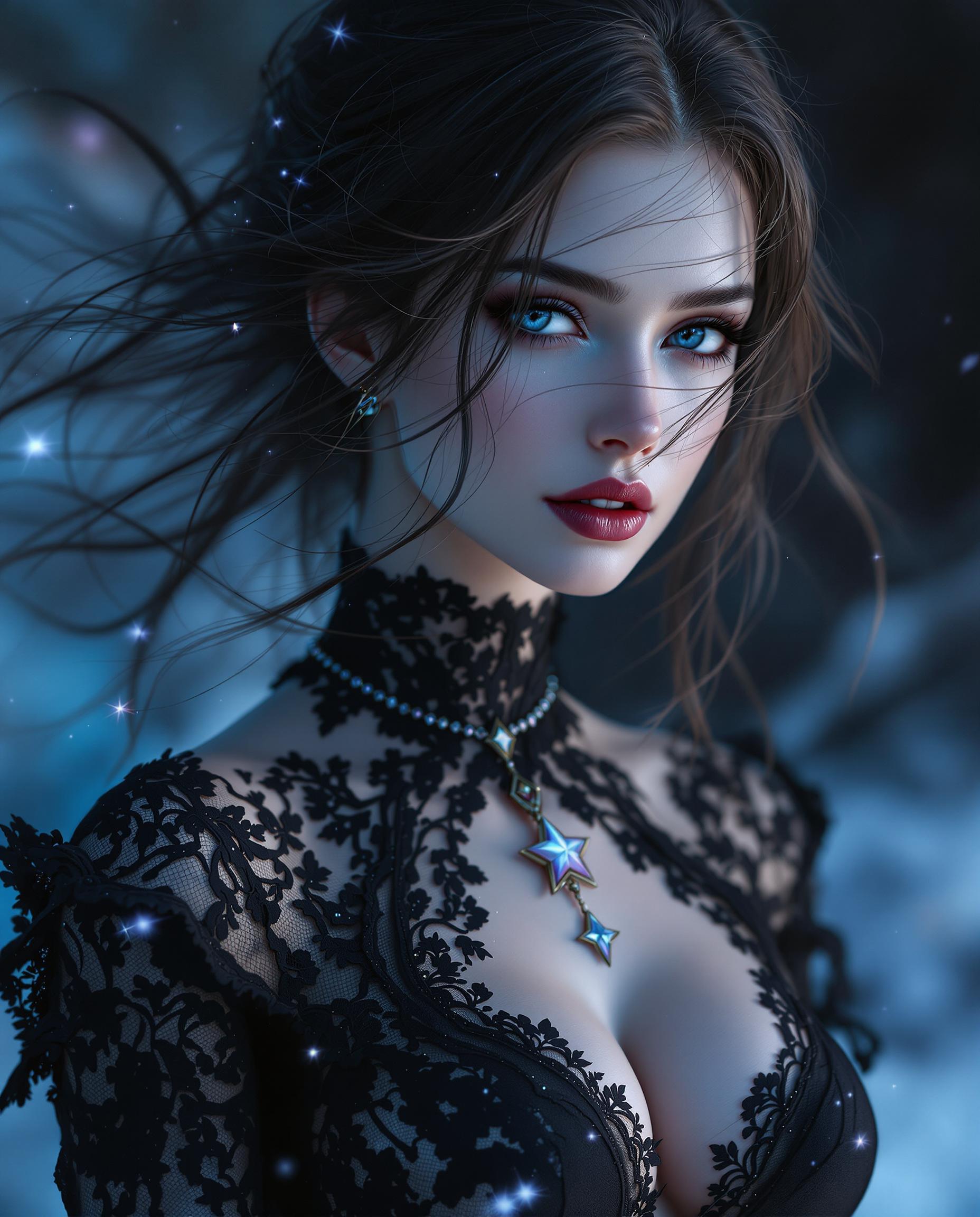 A stunning photorealistic digital painting of a female figure exuding fantasy and mystique, captured as if through a high-end DSLR with a 50 mm lens, featuring shallow depth of field and cinematic lighting in 8K detail. She wears an elegant black lace garment adorned with a star-shaped pendant, her windswept hair adding dynamic, untamed beauty, set against a moody backdrop of cool blues, deep blacks, and ethereal hints of light blue and purple. The intricate textures and smooth gradients enhance the celestial, icy atmosphere, drawing focus to the pendant and her enigmatic presence.