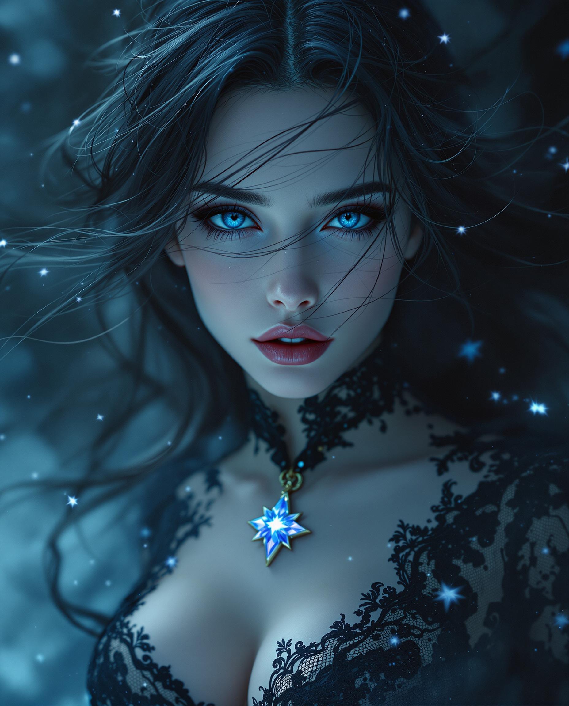 A stunning photorealistic digital painting of a female figure exuding fantasy and mystique, captured as if through a high-end DSLR with a 50 mm lens, featuring shallow depth of field and cinematic lighting in 8K detail. She wears an elegant black lace garment adorned with a star-shaped pendant, her windswept hair adding dynamic, untamed beauty, set against a moody backdrop of cool blues, deep blacks, and ethereal hints of light blue and purple. The intricate textures and smooth gradients enhance the celestial, icy atmosphere, drawing focus to the pendant and her enigmatic presence.