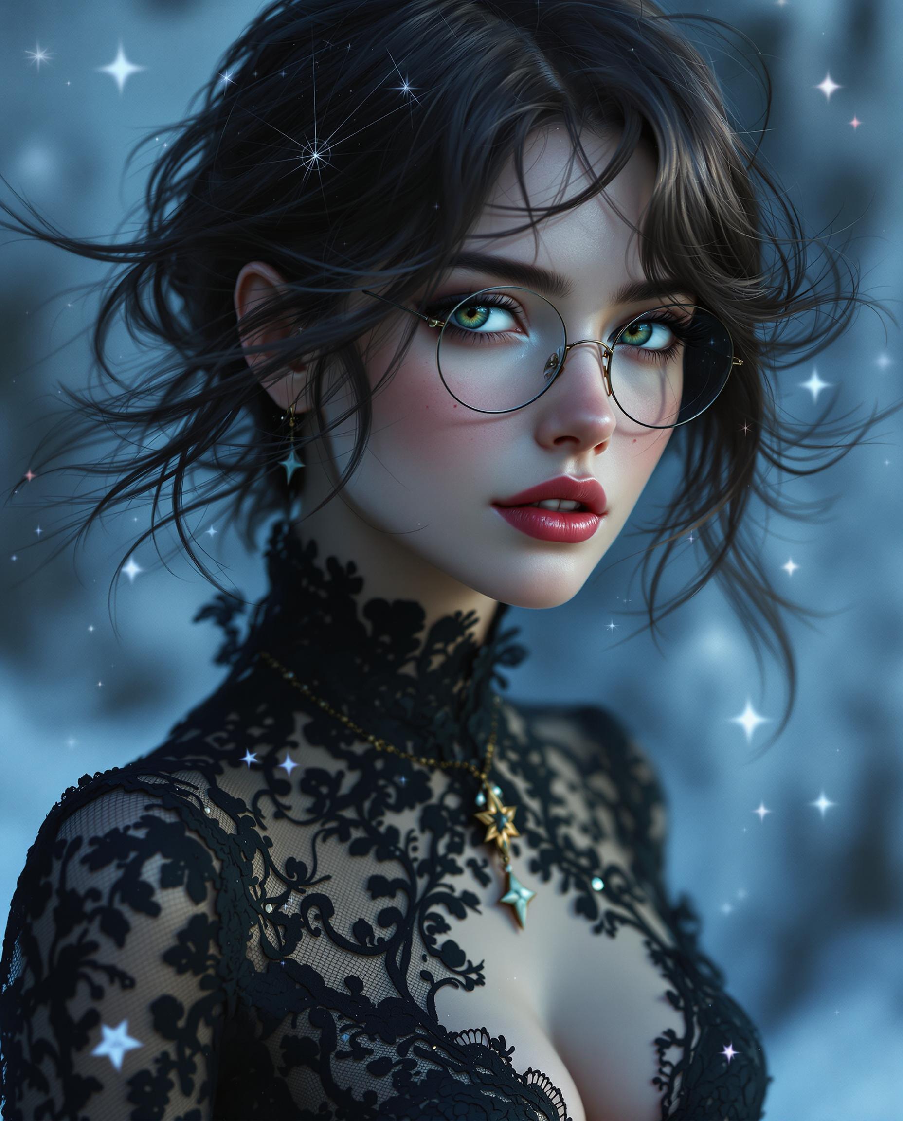 A stunning photorealistic digital painting of a female figure with short dark brown hair, bright green eyes, freckles on her cheeks, wearing glasses, exuding fantasy and mystique, captured as if through a high-end DSLR with a 50 mm lens, featuring shallow depth of field and cinematic lighting in 8K detail. She wears an elegant black lace garment adorned with a star-shaped pendant, her windswept hair adding dynamic, untamed beauty, set against a moody backdrop of cool blues, deep blacks, and ethereal hints of light blue and purple. The intricate textures and smooth gradients enhance the celestial, icy atmosphere, drawing focus to the pendant and her enigmatic presence.
