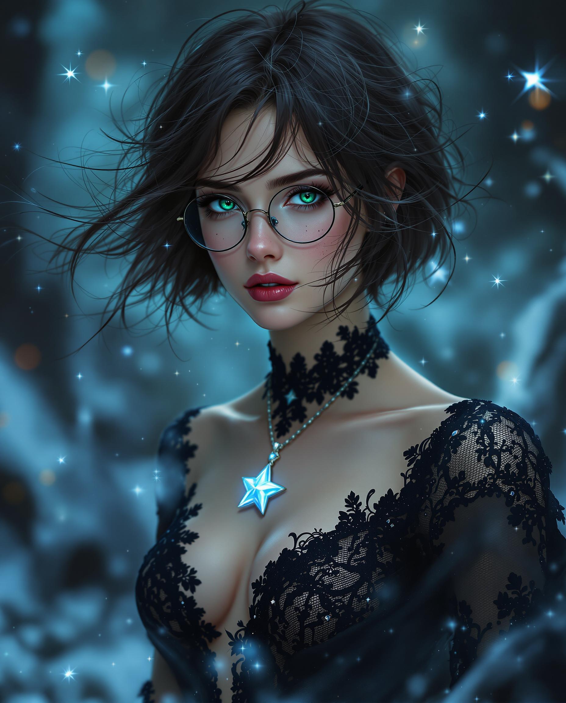 A stunning photorealistic digital painting of a female figure with short dark brown hair, bright green eyes, freckles on her cheeks, wearing glasses, exuding fantasy and mystique, captured as if through a high-end DSLR with a 50 mm lens, featuring shallow depth of field and cinematic lighting in 8K detail. She wears an elegant black lace garment adorned with a star-shaped pendant, her windswept hair adding dynamic, untamed beauty, set against a moody backdrop of cool blues, deep blacks, and ethereal hints of light blue and purple. The intricate textures and smooth gradients enhance the celestial, icy atmosphere, drawing focus to the pendant and her enigmatic presence.