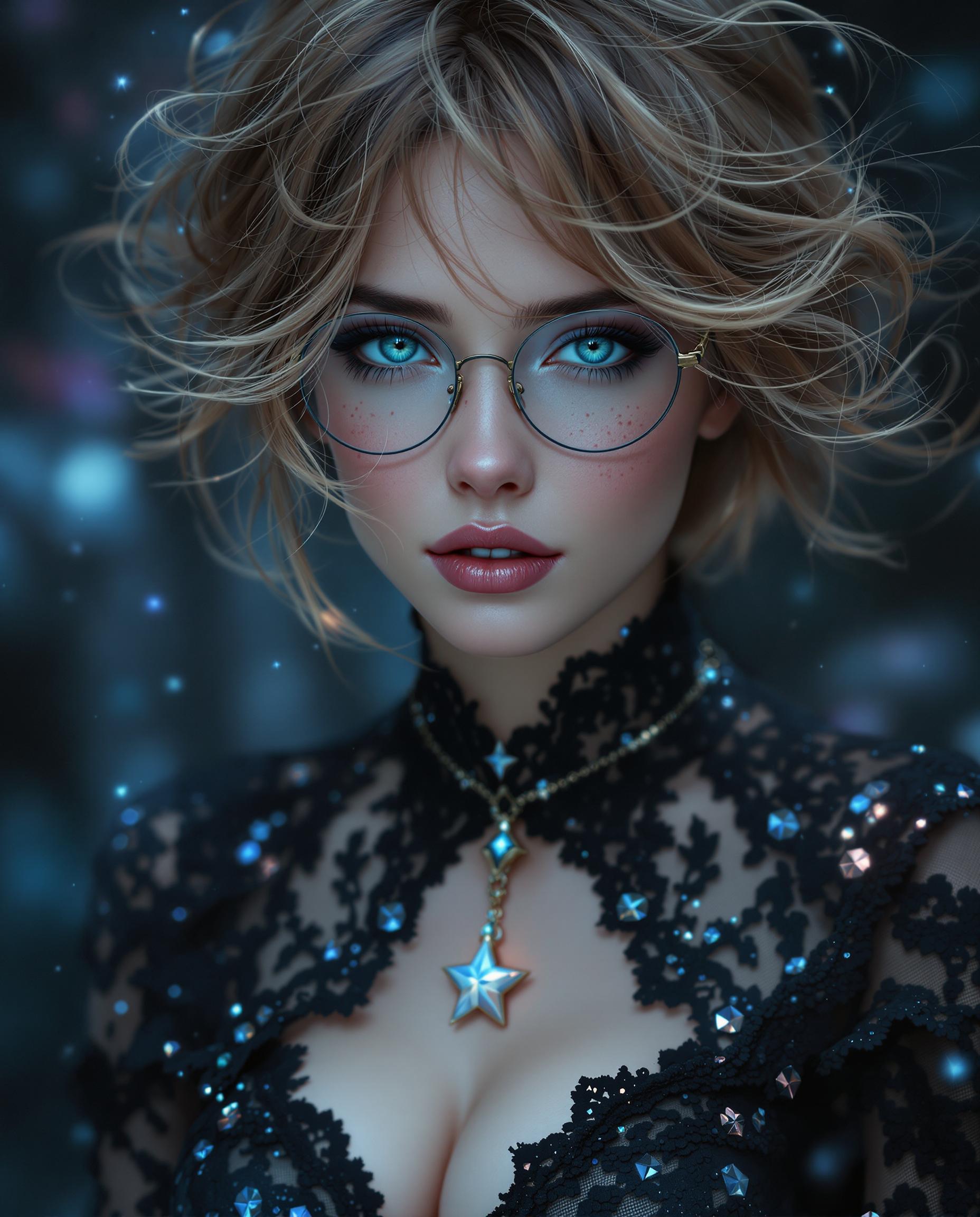 A stunning photorealistic digital painting of a female figure with short light brown hair, bright green eyes, lots of freckles on her cheeks, wearing glasses, exuding fantasy and mystique, captured as if through a high-end DSLR with a 50 mm lens, featuring shallow depth of field and cinematic lighting in 8K detail. She wears an elegant black lace garment adorned with a star-shaped pendant, her windswept hair adding dynamic, untamed beauty, set against a moody backdrop of cool blues, deep blacks, and ethereal hints of light blue and purple. The intricate textures and smooth gradients enhance the celestial, icy atmosphere, drawing focus to the pendant and her enigmatic presence.