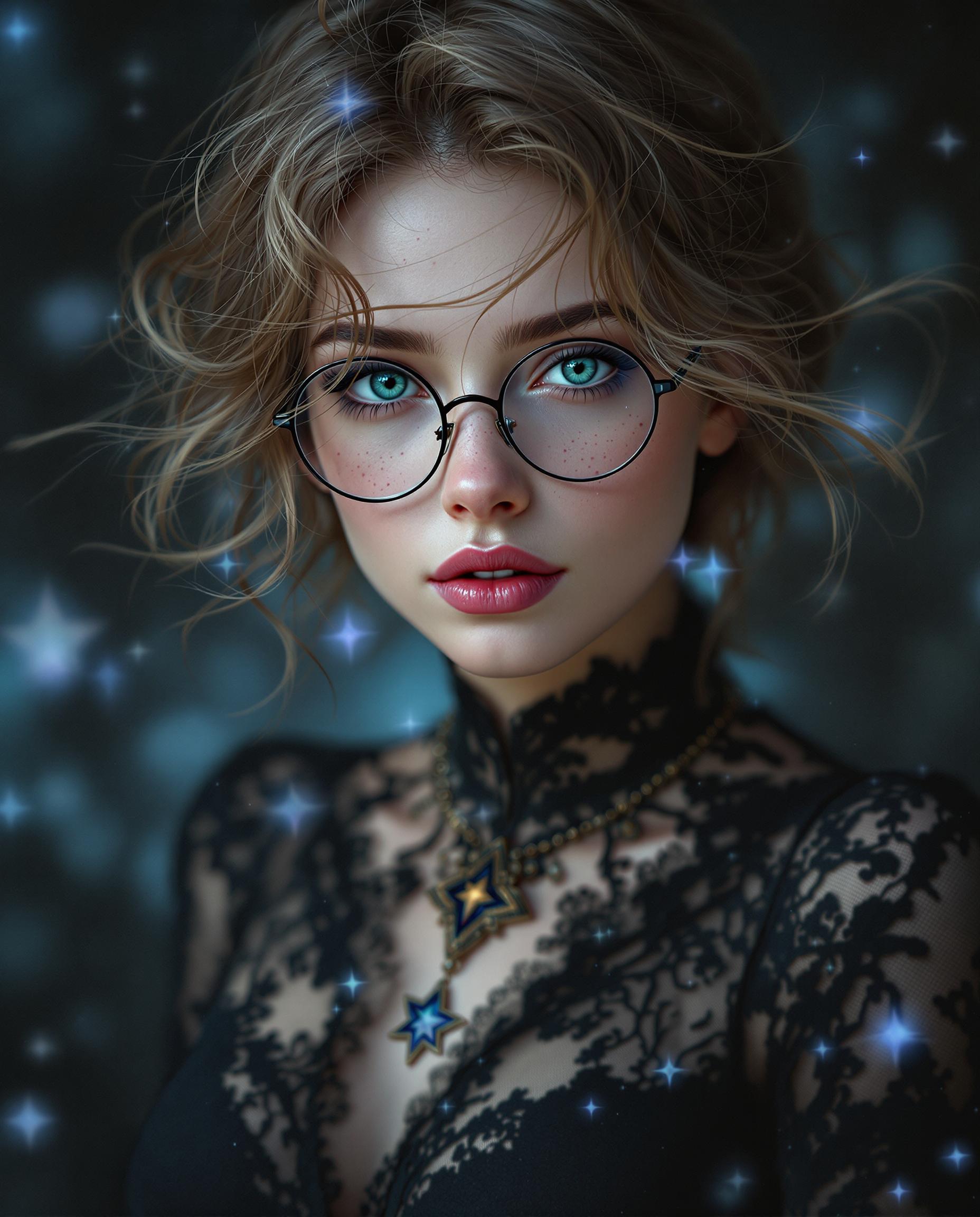 A stunning photorealistic digital painting of a female figure with short light brown hair, bright green eyes, lots of freckles on her cheeks, wearing glasses, exuding fantasy and mystique, captured as if through a high-end DSLR with a 50 mm lens, featuring shallow depth of field and cinematic lighting in 8K detail. She wears an elegant black lace garment adorned with a star-shaped pendant, her windswept hair adding dynamic, untamed beauty, set against a moody backdrop of cool blues, deep blacks, and ethereal hints of light blue and purple. The intricate textures and smooth gradients enhance the celestial, icy atmosphere, drawing focus to the pendant and her enigmatic presence.