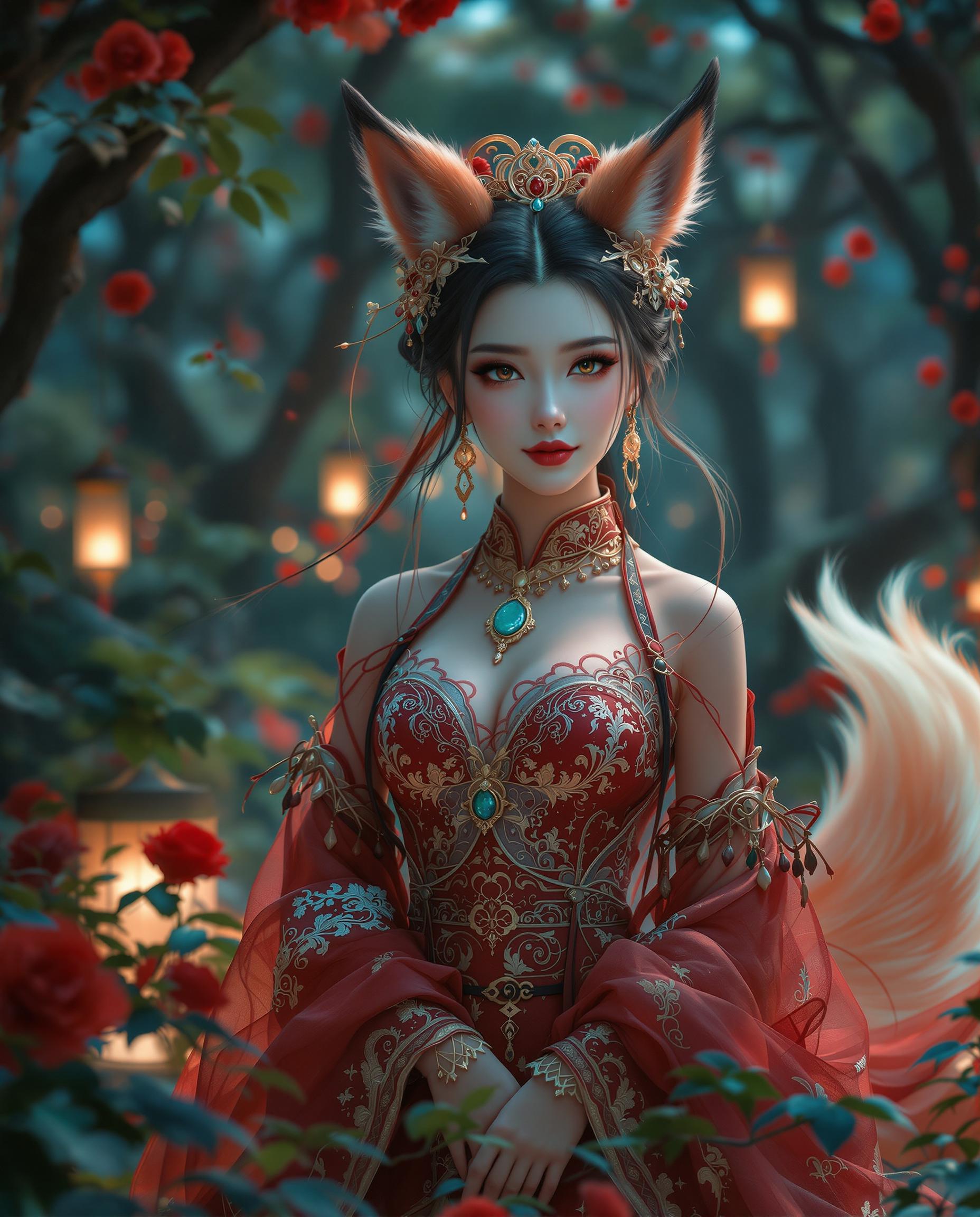 A stunning, photorealistic portrait of a female fox spirit, blending human and animal traits, captured in a mystical forest at dusk. She wears a traditional East Asian-inspired red and gold outfit with intricate patterns, a formfitting bodice, delicate lace detailing, a flowing skirt, and a jade pendant, exuding cultural significance. Shot with a 50mm DSLR lens, the scene features soft, diffused cinematic lighting from lanterns, lush greenery, vibrant red roses, and twilight blues and purples, rendered in breathtaking 8K detail.