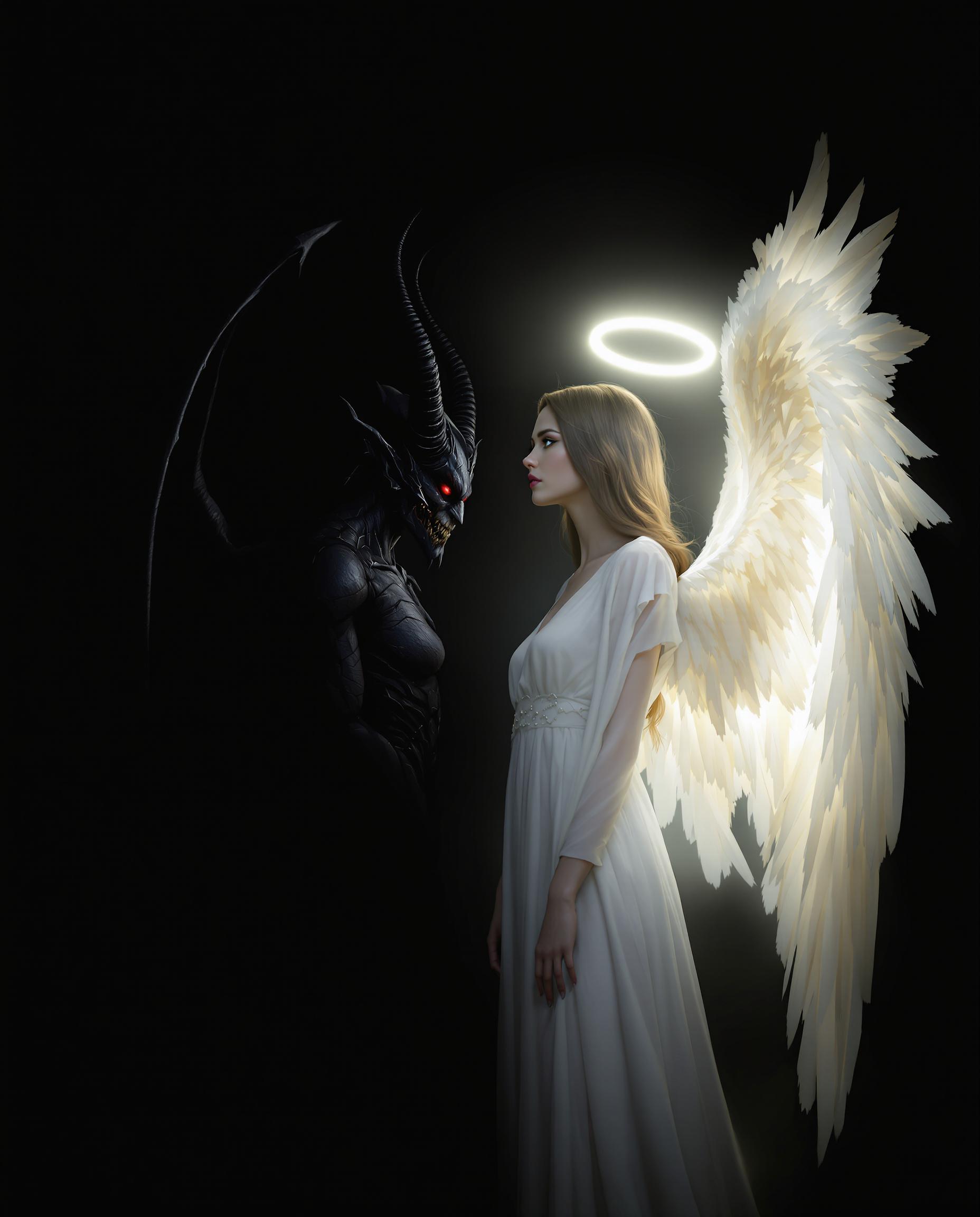 This image is a realistic photo (photograph) of a female real person striking example of fantasy art, with a composition that juxtaposes two contrasting characters, an angel and a demon, against a stark, dark background. The composition is balanced with the angel on the right, her lightness and purity symbolized by her white wings and the halo, and the demon on the left, her darkness and power represented by her black wings and the ominous aura.Lighting plays a crucial role in this artwork. The angel is bathed in a soft, ethereal light that highlights her delicate features and the intricate details of her wings. This light creates a sense of depth and dimension, drawing the viewers eye to her and emphasizing her as the focal point. In contrast, the demon is shrouded in darkness, with only her eyes and horns illuminated, which adds to her menacing presence.The style of the artwork is realistic, with its clean lines, detailed shading, and exaggerated features. The characters are stylized with a certain amount of realism, but with fantastical elements that are typical of this genre. The use of color is minimal, with the angel predominantly white and the demon predominantly black, which further emphasizes their opposing natures.
