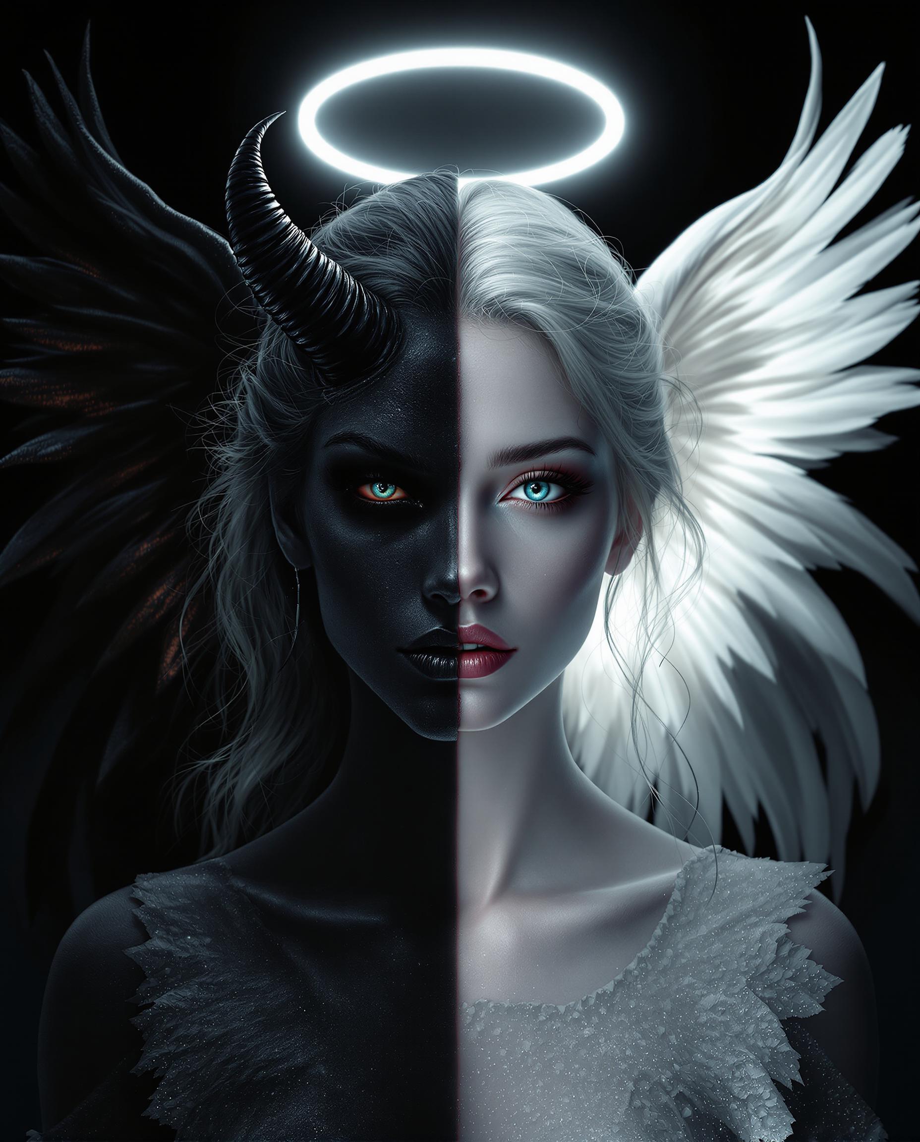 A striking, photorealistic image of a female figure embodying two contrasting characters, an angel and a demon, set against a stark, dark background. The angel on the right radiates purity with white wings and a glowing halo, bathed in soft, ethereal light from a cinematic source, highlighting her delicate features and intricate wing details in 8K clarity. On the left, the demon exudes darkness with black wings and an ominous aura, her menacing eyes and horns subtly illuminated by a faint, eerie glow, creating a powerful balance of light and shadow.