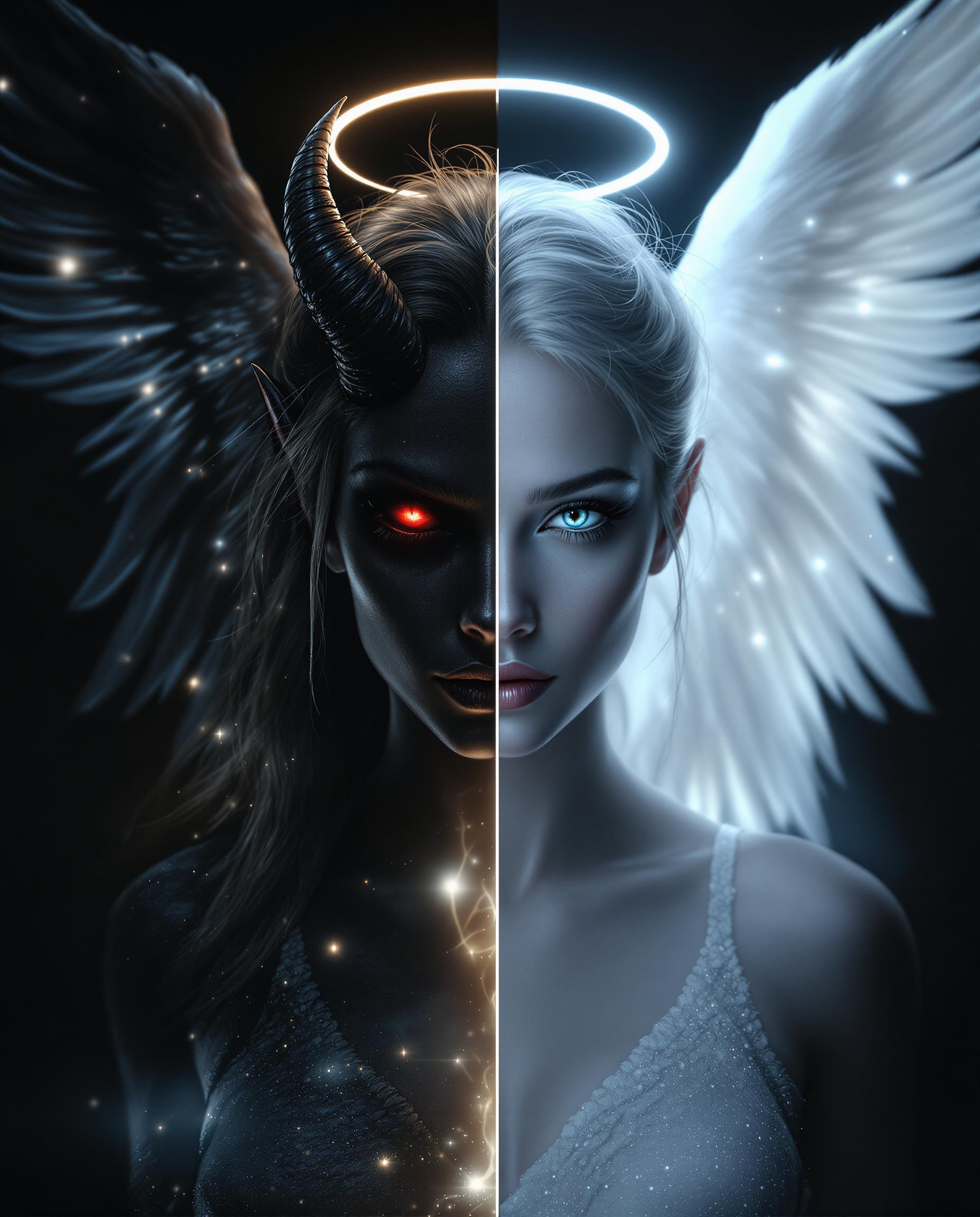A striking, photorealistic image of a female figure embodying two contrasting characters, an angel and a demon, set against a stark, dark background. The angel on the right radiates purity with white wings and a glowing halo, bathed in soft, ethereal light from a cinematic source, highlighting her delicate features and intricate wing details in 8K clarity. On the left, the demon exudes darkness with black wings and an ominous aura, her menacing eyes and horns subtly illuminated by a faint, eerie glow, creating a powerful balance of light and shadow.