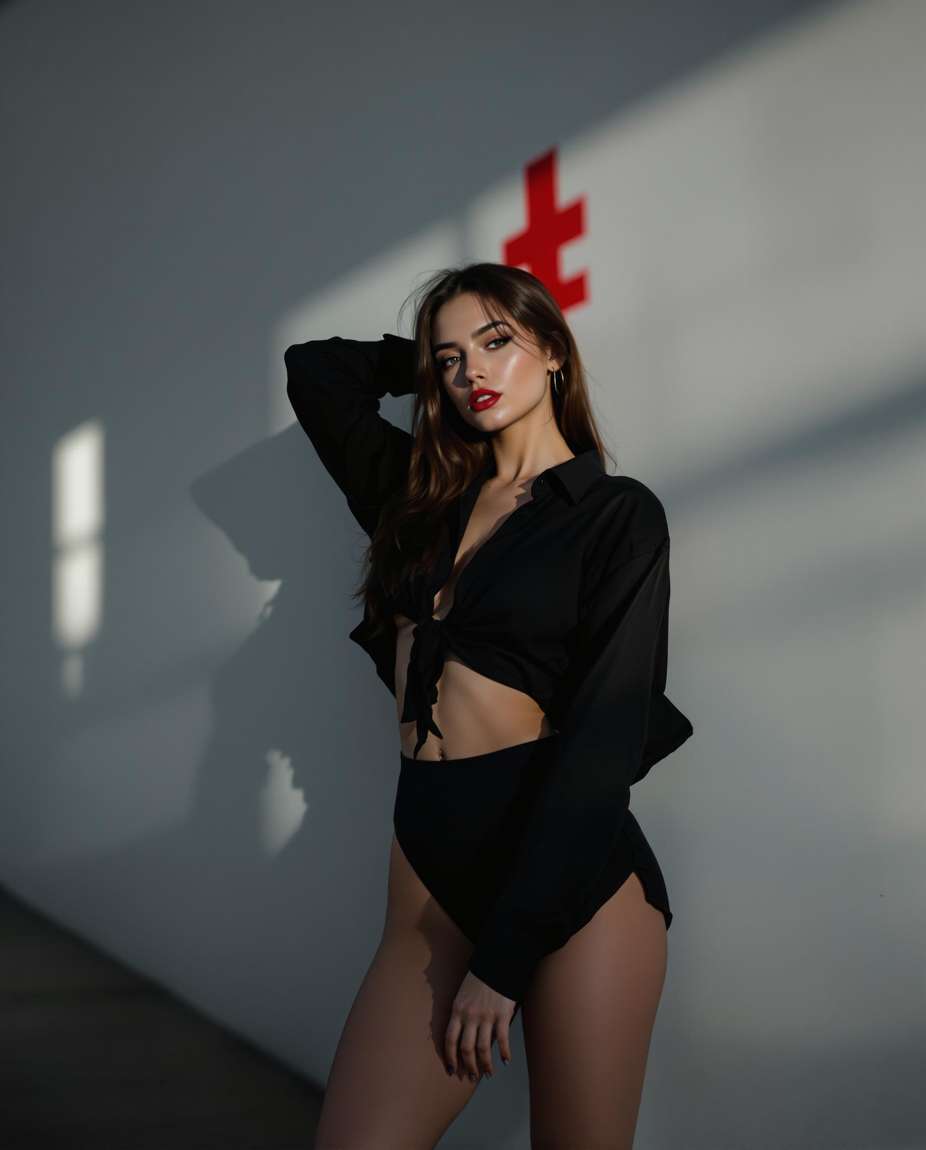 A striking photorealistic digital portrait of a female subject, positioned off-center to the left, exudes dynamism with one arm bent, the other extended, and legs in a relaxed yet deliberate pose. Captured as if through a DSLR with a 50mm lens and shallow depth of field, dramatic moody lighting at dusk highlights her form in a black shirt that accentuates her gorgeous body, with a bold red symbol behind her casting subtle shadows on a stark white wall. The blurred background, limited black, white, and red color palette, 8K detail, smooth gradients, and precise shading enhance her exaggerated features and three-dimensional textures for a sleek, modern, and emotionally engaging composition.