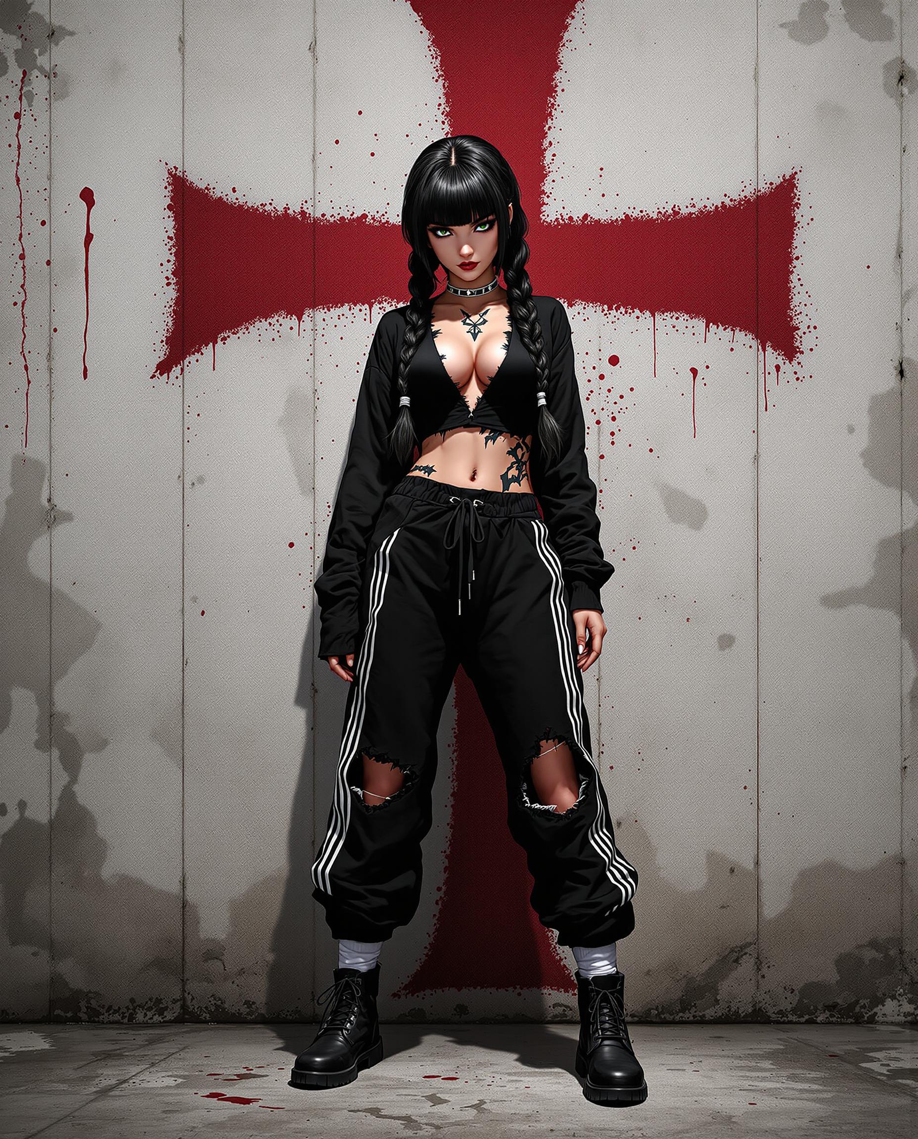 This is a realistic photo (photograph) of a female real person illustration that features a character with a striking and detailed appearance. The art style is realistic, with a focus on exaggerated features and a dynamic composition. The medium appears to be digital, given the smooth gradients and the crispness of the lines.The character is wearing a black ensemble that consists of a longsleeved top with a plunging neckline and a matching pair of sweatpants with a white stripe down the leg. The top has a torn design that reveals a glimpse of the characters midriff, and the sweatpants have a distressed look with a torn knee. The outfit is completed with white socks that are pulled up to midcalf, and the character is wearing black boots.The characters hair is long and dark, with bangs that frame the face. It is styled in two braids that hang down the back, secured with white bands. There are also tattoos visible on the characters neck and upper arms, adding to the edgy aesthetic.The background is a textured wall with a faded red symbol that resembles a cross, giving the impression of a worn or possibly abandoned space. The wall is also splattered with red, which could be interpreted as blood or paint, adding to the dramatic effect of the scene.The color palette is primarily black and white, with splashes of red that stand out against the muted tones of the wall. The use of shadow and highlights gives the image a threedimensional quality, and the overall composition is dynamic, with the characters pose and the positioning of the arms and legs creating a sense of movement.Overall, the image is a blend of edgy fashion, dramatic poses, and a gritty, urban backdrop, all rendered with the detailed and expressive style of realism art.