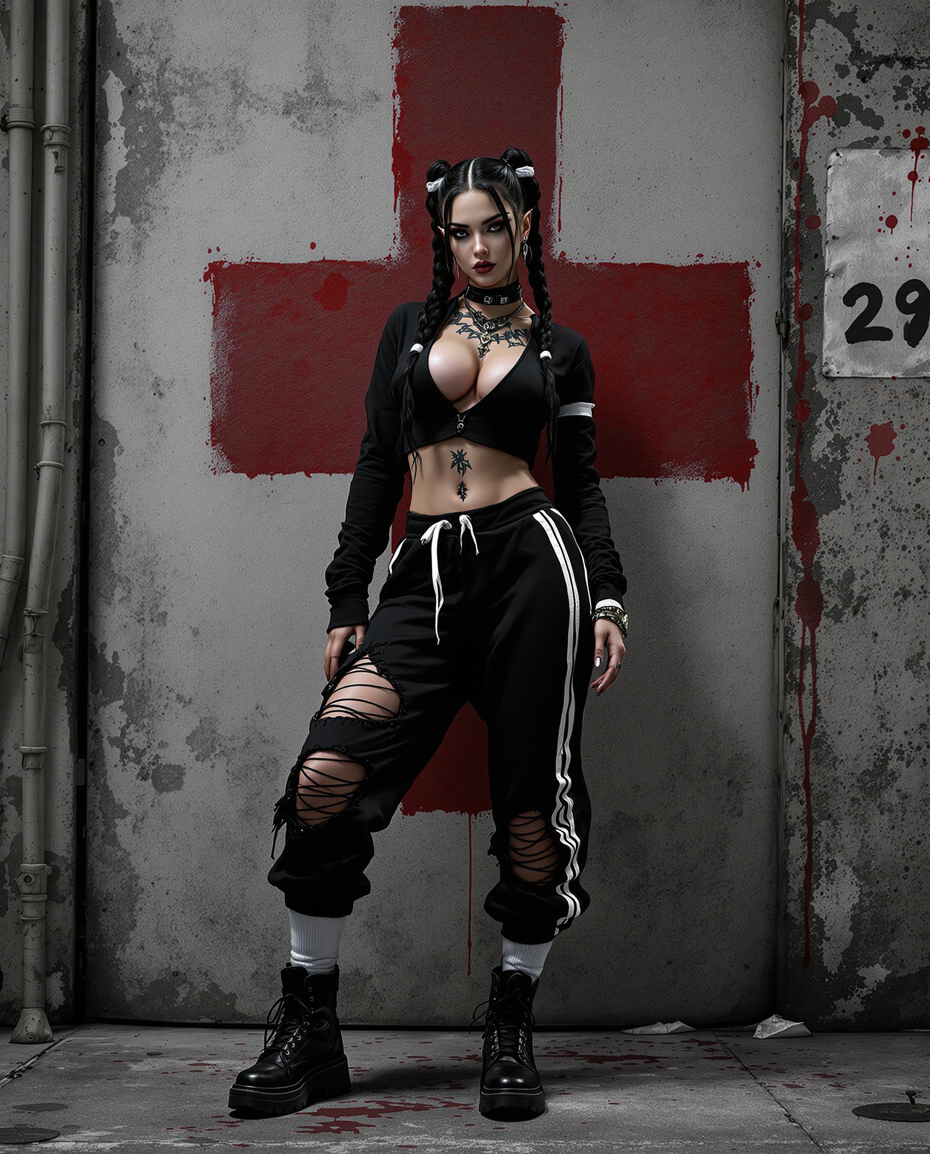 A hyper-realistic DSLR photo of a striking female character with exaggerated, detailed features, captured in a dynamic pose that conveys movement, shot with a 50mm lens for a shallow depth of field. She wears a bold black ensemble—a long-sleeved top with a plunging neckline and torn midriff, distressed sweatpants with a white stripe and torn knee, white mid-calf socks, and black boots—complemented by long dark hair in twin braids with white bands, and edgy tattoos on her neck and arms. The gritty urban background features a textured, weathered wall with a faded red cross symbol and splattered red accents, illuminated by cinematic lighting with deep shadows and vivid highlights in a stark black, white, and red palette, rendered in stunning 8K detail.