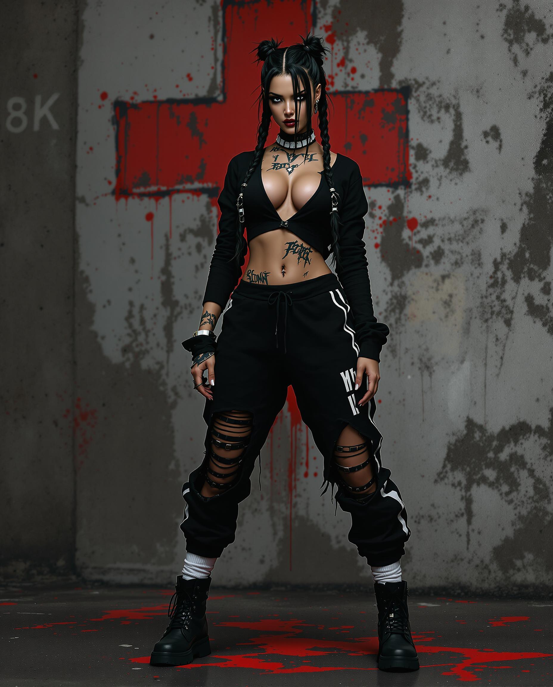 A hyper-realistic DSLR photo of a striking female character with exaggerated, detailed features, captured in a dynamic pose that conveys movement, shot with a 50mm lens for a shallow depth of field. She wears a bold black ensemble—a long-sleeved top with a plunging neckline and torn midriff, distressed sweatpants with a white stripe and torn knee, white mid-calf socks, and black boots—complemented by long dark hair in twin braids with white bands, and edgy tattoos on her neck and arms. The gritty urban background features a textured, weathered wall with a faded red cross symbol and splattered red accents, illuminated by cinematic lighting with deep shadows and vivid highlights in a stark black, white, and red palette, rendered in stunning 8K detail.