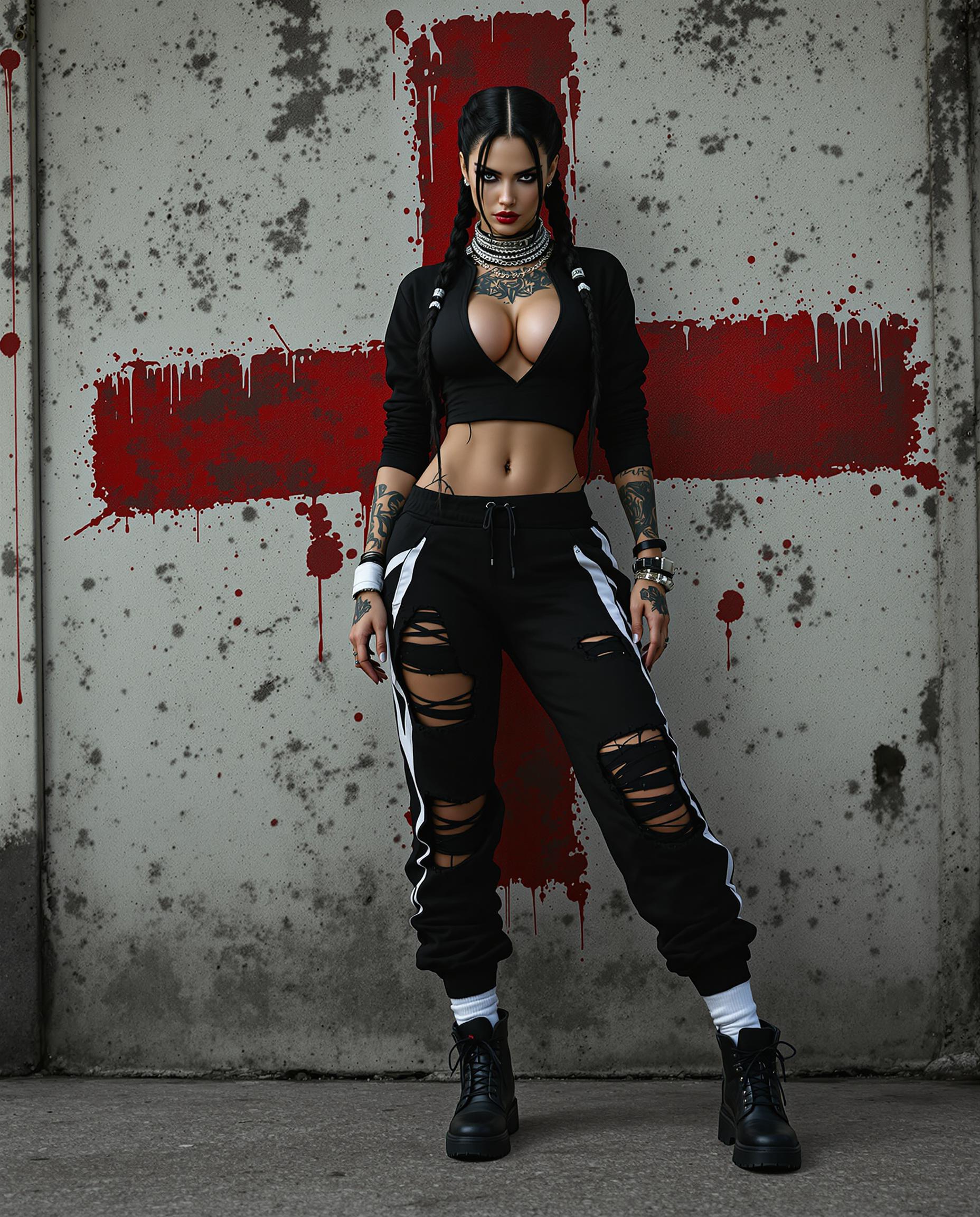 A hyper-realistic DSLR photo of a striking female character with exaggerated, detailed features, captured in a dynamic pose that conveys movement, shot with a 50mm lens for a shallow depth of field. She wears a bold black ensemble—a long-sleeved top with a plunging neckline and torn midriff, distressed sweatpants with a white stripe and torn knee, white mid-calf socks, and black boots—complemented by long dark hair in twin braids with white bands, and edgy tattoos on her neck and arms. The gritty urban background features a textured, weathered wall with a faded red cross symbol and splattered red accents, illuminated by cinematic lighting with deep shadows and vivid highlights in a stark black, white, and red palette, rendered in stunning 8K detail.