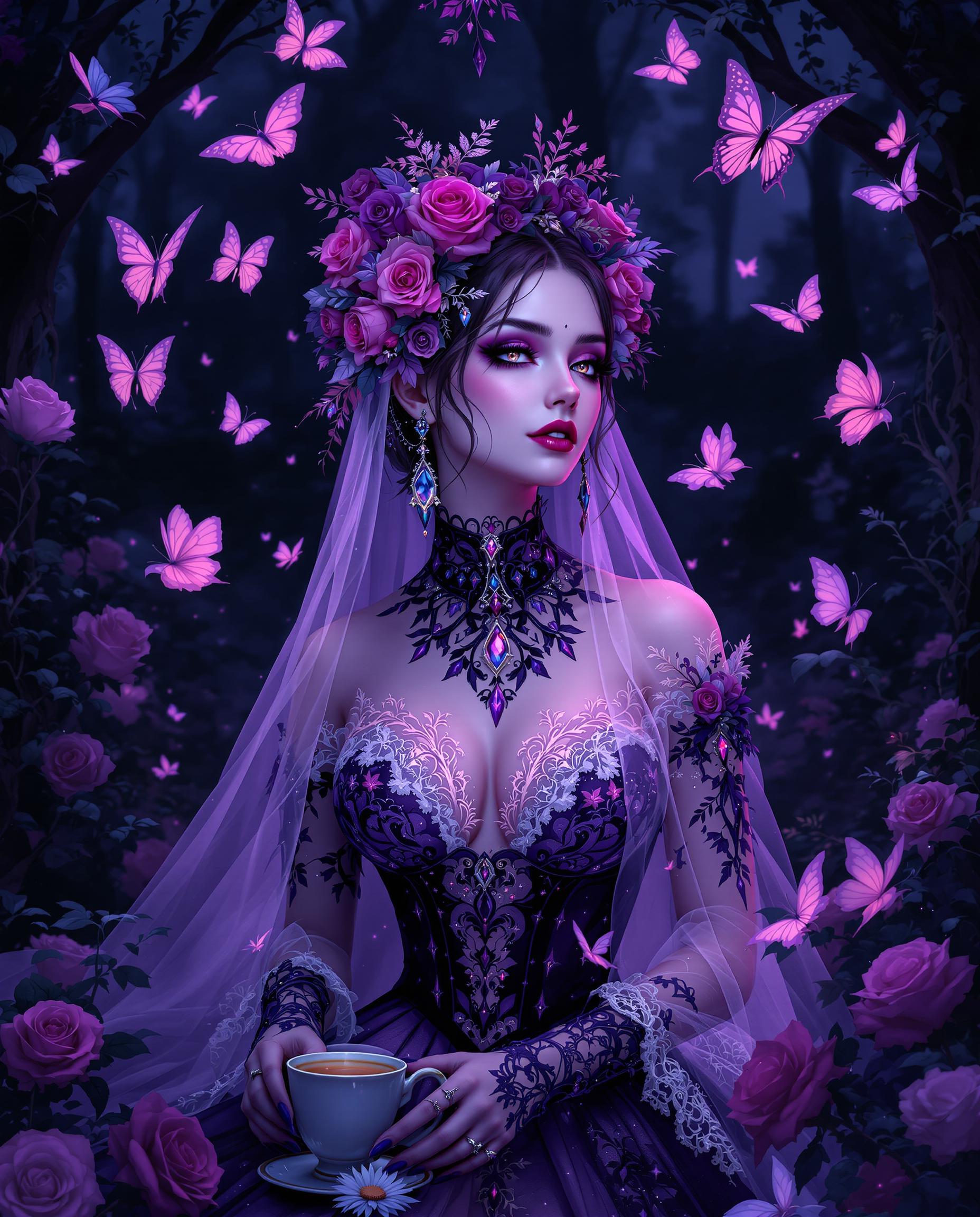 This image is a realistic photo (photograph) of a female real person digital illustration that exudes a gothic and romantic atmosphere. The art style is realistic with a touch of Western gothic elements, characterized by its intricate details, vibrant colors, and stylized characters.The medium appears to be a highresolution digital painting, utilizing a combination of vector and bitmap techniques to create a smooth and detailed image. The use of lighting and shadow adds depth and realism to the scene.The colors in the image are rich and varied, with a predominance of purples, pinks, and blues, which contribute to the overall gothic and dreamy ambiance. The character is adorned with lace, flowers, and butterflies, which are rendered in a gradient of purples and pinks, creating a sense of delicacy and fantasy.The objects in the image include1. The central figure, a female character, dressed in a gothic bridal outfit with lace, roses, and butterflies, which are prominent throughout the image. Her attire is detailed with beadwork, crystals, and ribbons, adding to the overall opulence and fantasy.2. Surrounding the character are several butterflies in various sizes and stages of flight, which add a sense of movement and vitality to the scene. The butterflies are depicted with a high level of detail, including their wings and antennae.3. The setting appears to be a dark, enchanted forest or garden, with trees and foliage in the background. The lighting and shadows suggest a twilight or moonlit scene, adding to the mystical and romantic atmosphere.4. There are also several roses scattered throughout the image, which complement the bridal theme and add to the romantic and gothic elements.5. In the background, there is a teapot and a cup, which could imply a tea party or a moment of relaxation in the midst of the fantastical surroundings.Overall, the image is a rich and detailed depiction of a gothic fantasy scene, with a focus on the central character and her surroundings, creating a sense of enchantment and mystery.