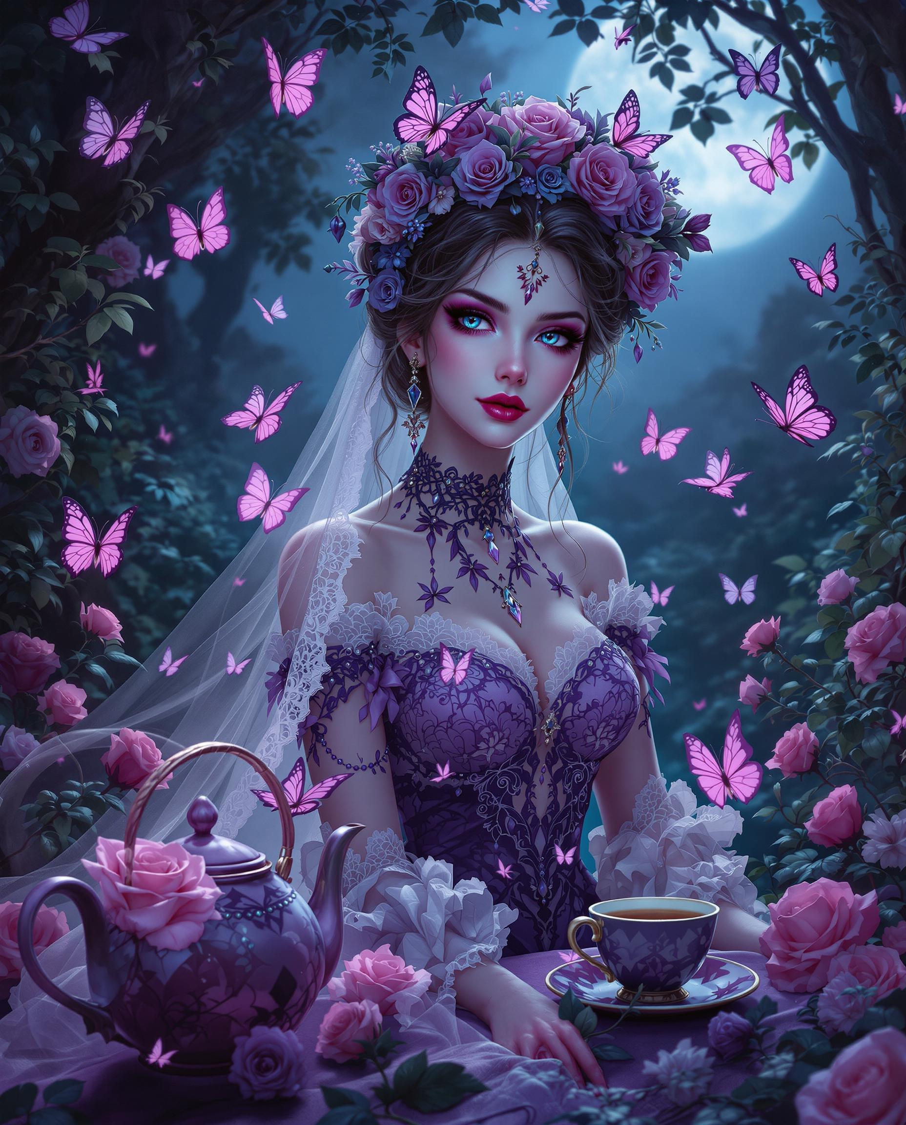 This image is a realistic photo (photograph) of a female real person digital illustration that exudes a gothic and romantic atmosphere. The art style is realistic with a touch of Western gothic elements, characterized by its intricate details, vibrant colors, and stylized characters.The medium appears to be a highresolution digital painting, utilizing a combination of vector and bitmap techniques to create a smooth and detailed image. The use of lighting and shadow adds depth and realism to the scene.The colors in the image are rich and varied, with a predominance of purples, pinks, and blues, which contribute to the overall gothic and dreamy ambiance. The character is adorned with lace, flowers, and butterflies, which are rendered in a gradient of purples and pinks, creating a sense of delicacy and fantasy.The objects in the image include1. The central figure, a female character, dressed in a gothic bridal outfit with lace, roses, and butterflies, which are prominent throughout the image. Her attire is detailed with beadwork, crystals, and ribbons, adding to the overall opulence and fantasy.2. Surrounding the character are several butterflies in various sizes and stages of flight, which add a sense of movement and vitality to the scene. The butterflies are depicted with a high level of detail, including their wings and antennae.3. The setting appears to be a dark, enchanted forest or garden, with trees and foliage in the background. The lighting and shadows suggest a twilight or moonlit scene, adding to the mystical and romantic atmosphere.4. There are also several roses scattered throughout the image, which complement the bridal theme and add to the romantic and gothic elements.5. In the background, there is a teapot and a cup, which could imply a tea party or a moment of relaxation in the midst of the fantastical surroundings.Overall, the image is a rich and detailed depiction of a gothic fantasy scene, with a focus on the central character and her surroundings, creating a sense of enchantment and mystery.