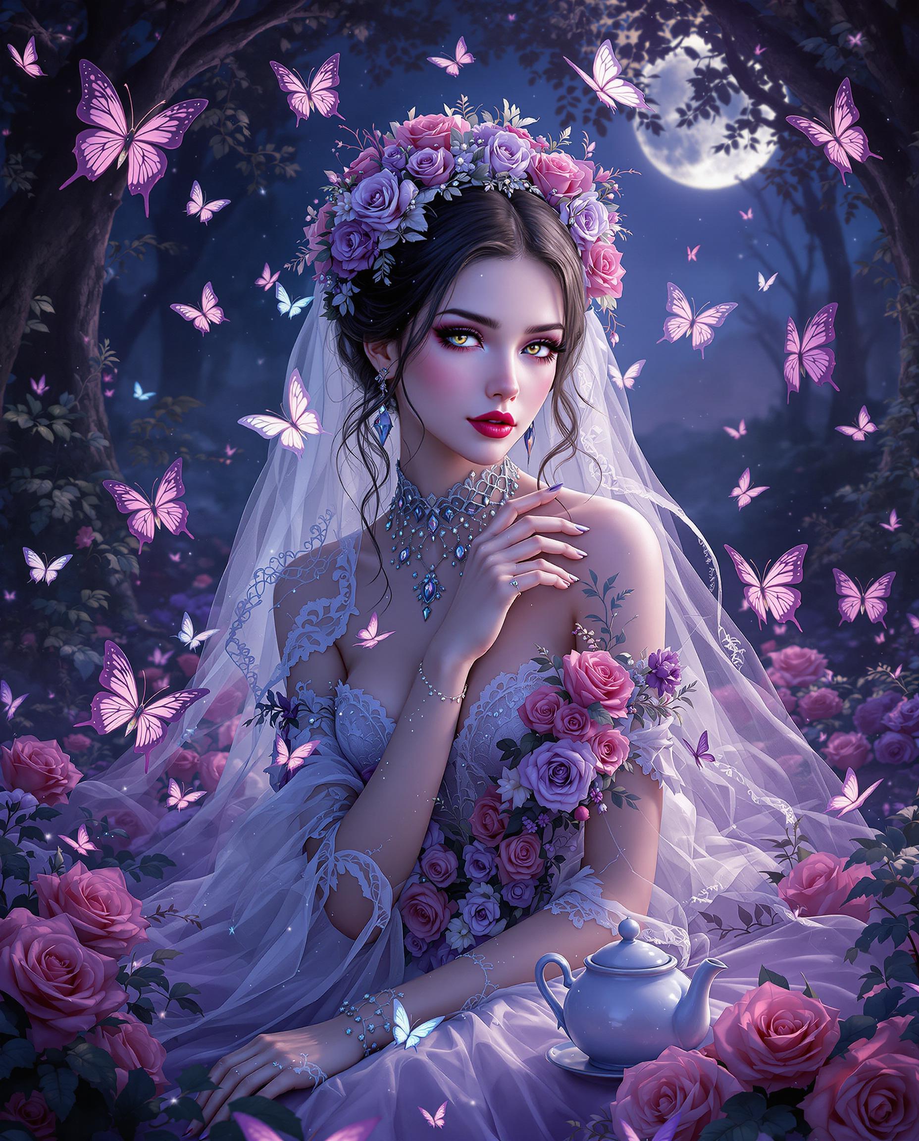 This image is a realistic photo (photograph) of a female real person digital illustration that exudes a gothic and romantic atmosphere. The art style is realistic with a touch of Western gothic elements, characterized by its intricate details, vibrant colors, and stylized characters.The medium appears to be a highresolution digital painting, utilizing a combination of vector and bitmap techniques to create a smooth and detailed image. The use of lighting and shadow adds depth and realism to the scene.The colors in the image are rich and varied, with a predominance of purples, pinks, and blues, which contribute to the overall gothic and dreamy ambiance. The character is adorned with lace, flowers, and butterflies, which are rendered in a gradient of purples and pinks, creating a sense of delicacy and fantasy.The objects in the image include1. The central figure, a female character, dressed in a gothic bridal outfit with lace, roses, and butterflies, which are prominent throughout the image. Her attire is detailed with beadwork, crystals, and ribbons, adding to the overall opulence and fantasy.2. Surrounding the character are several butterflies in various sizes and stages of flight, which add a sense of movement and vitality to the scene. The butterflies are depicted with a high level of detail, including their wings and antennae.3. The setting appears to be a dark, enchanted forest or garden, with trees and foliage in the background. The lighting and shadows suggest a twilight or moonlit scene, adding to the mystical and romantic atmosphere.4. There are also several roses scattered throughout the image, which complement the bridal theme and add to the romantic and gothic elements.5. In the background, there is a teapot and a cup, which could imply a tea party or a moment of relaxation in the midst of the fantastical surroundings.Overall, the image is a rich and detailed depiction of a gothic fantasy scene, with a focus on the central character and her surroundings, creating a sense of enchantment and mystery.